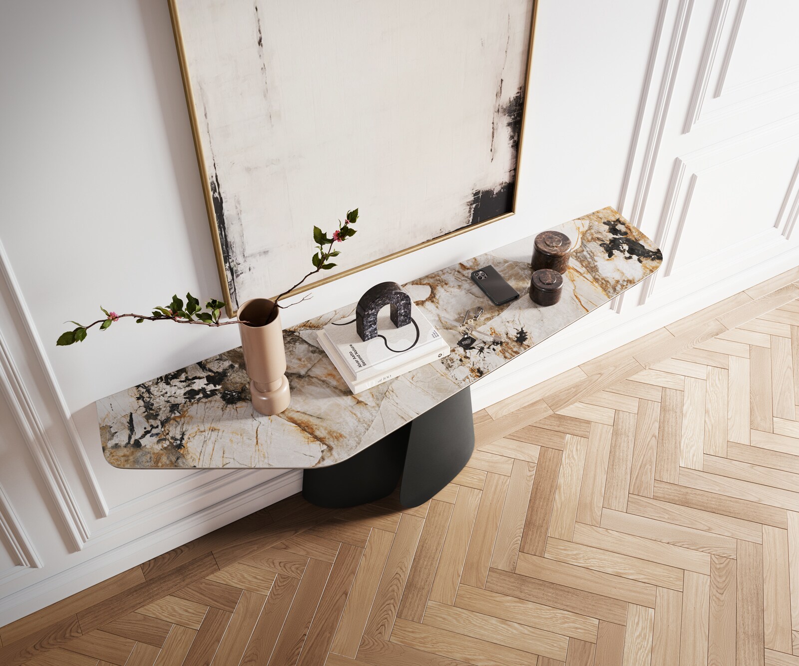 Consoletafel Edge Polygonaal 180x50 cm Keramiek Patagonia Poliert Livos Metaal Zwart 2