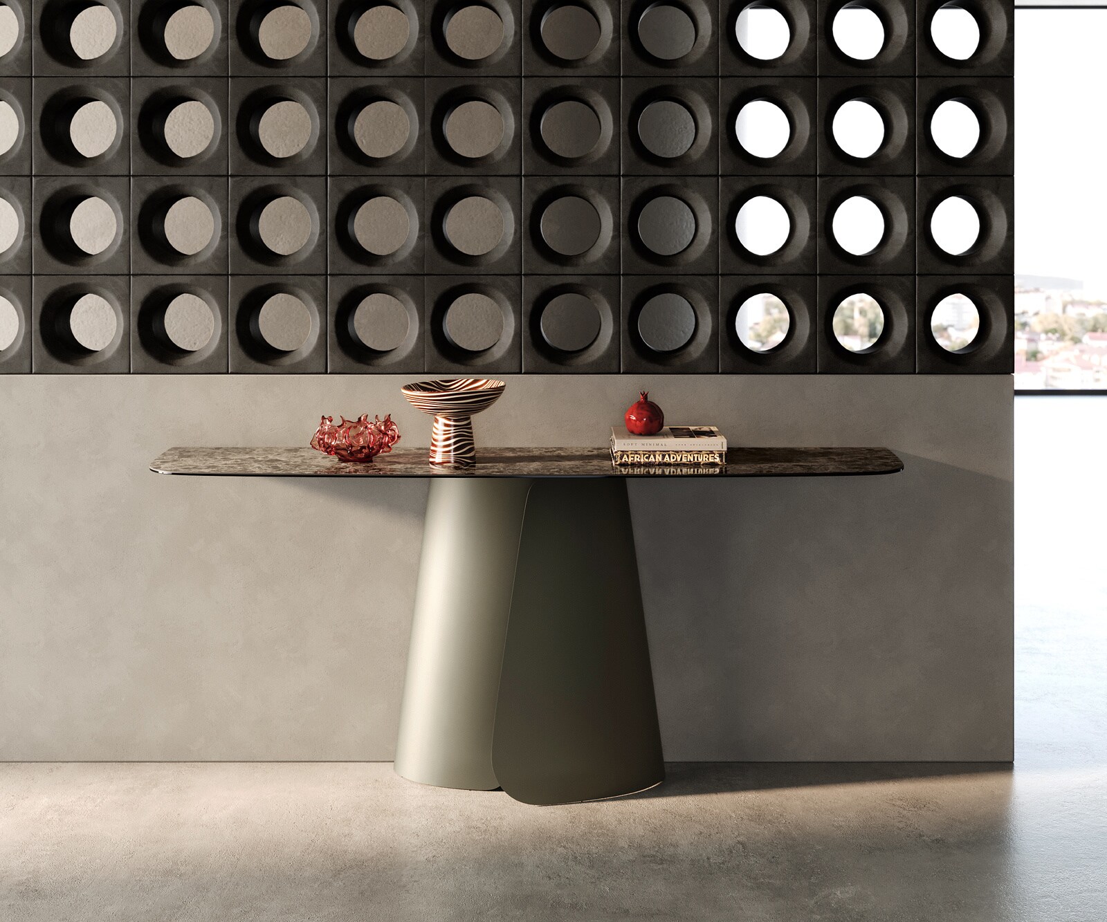 Consoletafel Edge Bootvorm 180x40 cm Keramiek Emperador Extra Lucidato Dunkelbraun Livos Metaal Effektfinish Titan 4
