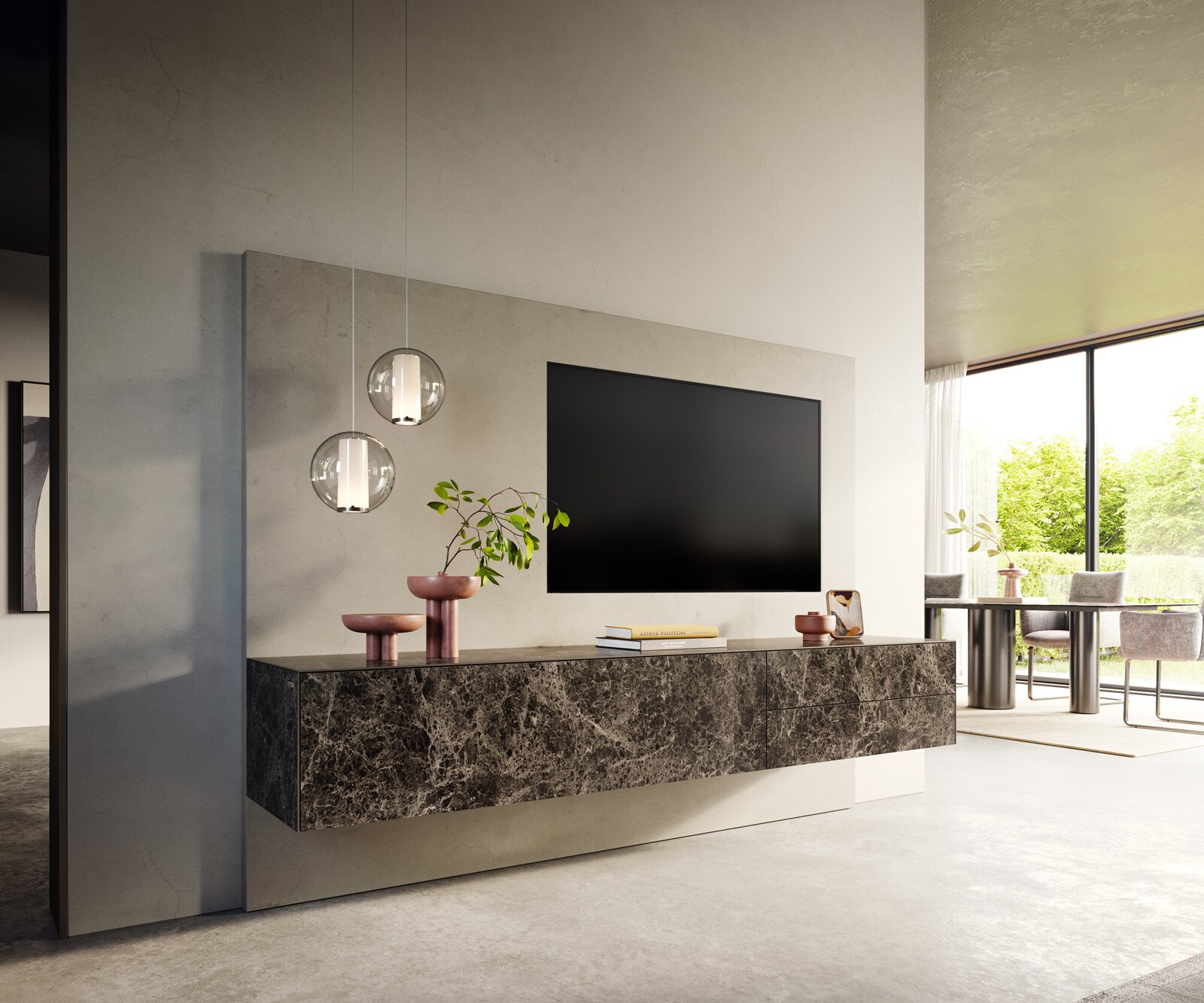 Tv-meubel Cuor 220 cm Keramiek Emperador Extra Lucidato Donkerbruin 1 Flap 2 Laden Zwevend