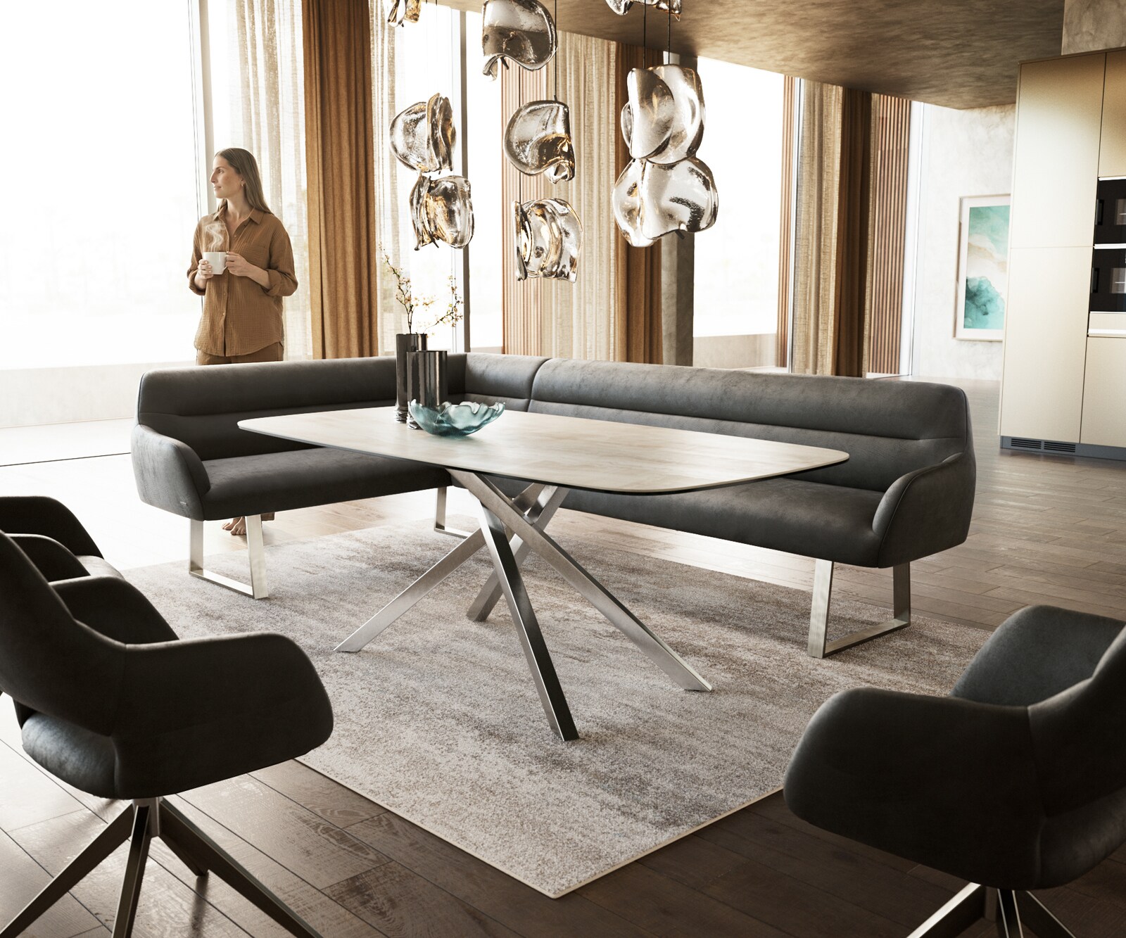 Eetkamerbank Taya-Flex 285x190 cm microvelours anthraciet vintage gekant sledeframe roestvrij staal pocketvering links