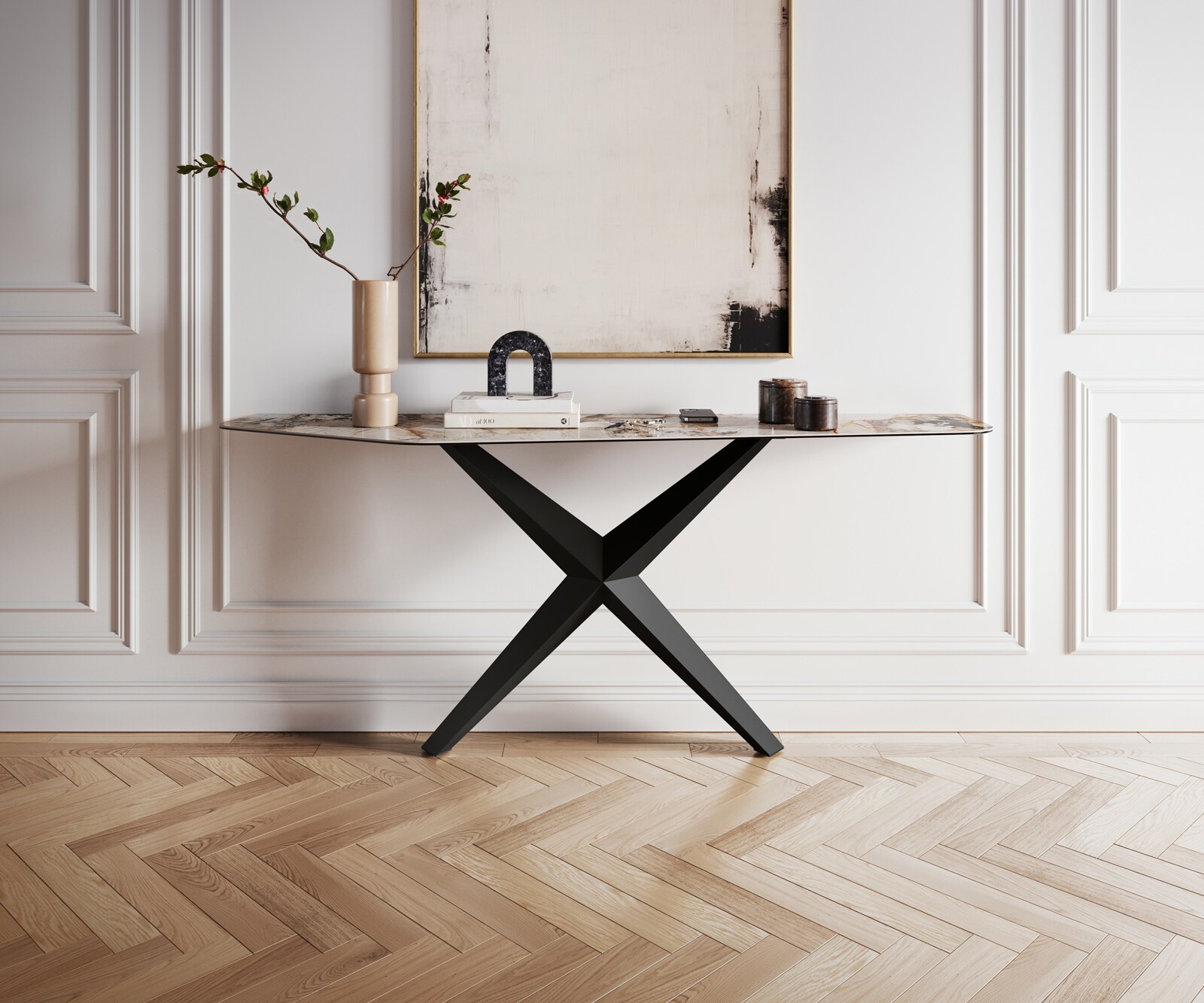 Consoletafel Edge Polygonaal 180x50 cm Keramiek Patagonia Poliert Zentharo Metaal Zwart 3