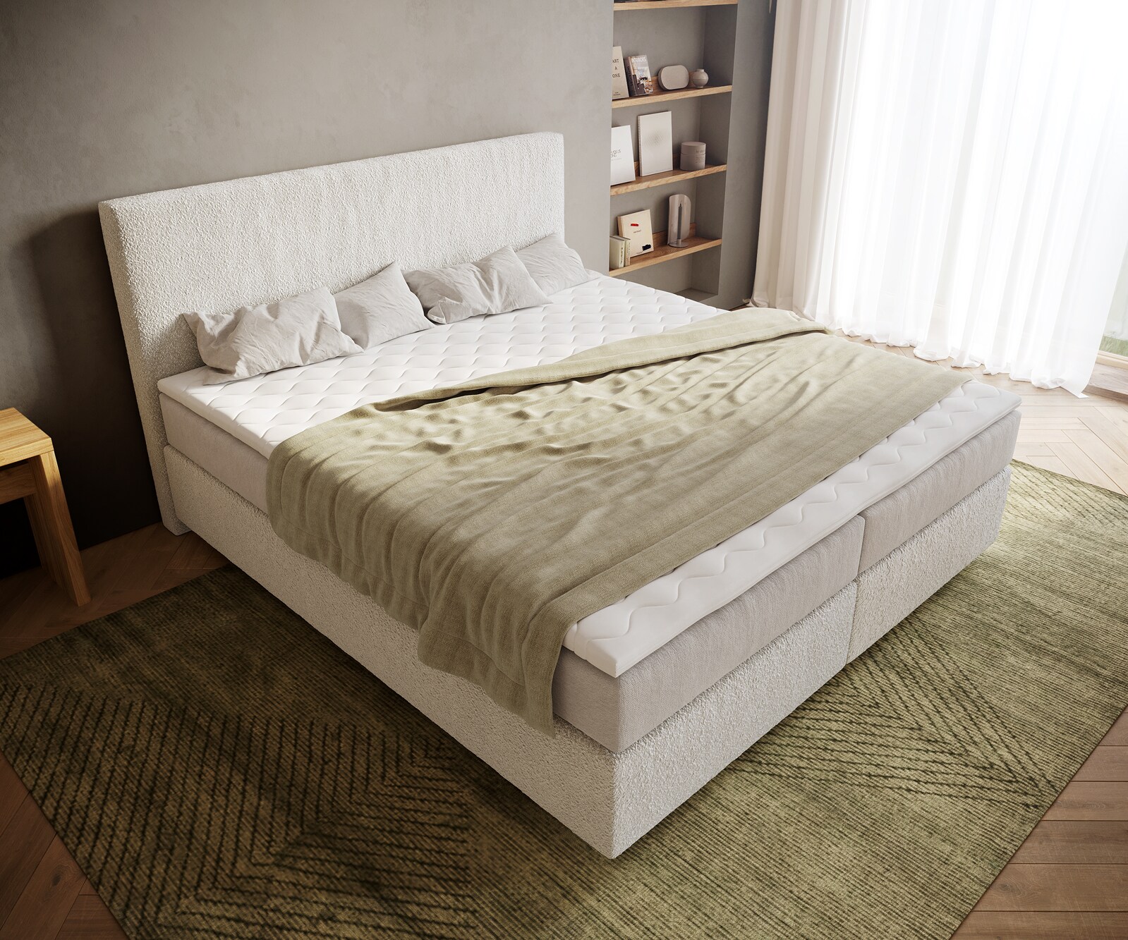 Boxspringbed Dream-Well 180x200 cm Bouclé Crème-Wit met Pocketveringmatras en Topper Visco 3 Boxspringbed Dream-Well 180x200 cm Bouclé Crème-Wit met Pocketveringmatras en Topper Visco 3