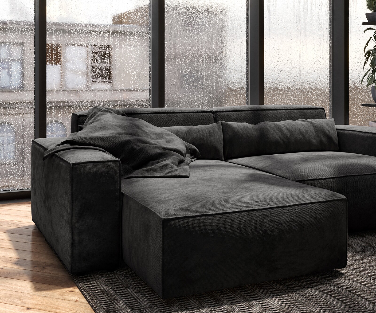 Hoekbank Sirpio 230x150 cm microvezel zwart variabele rugleuning met kruk 4