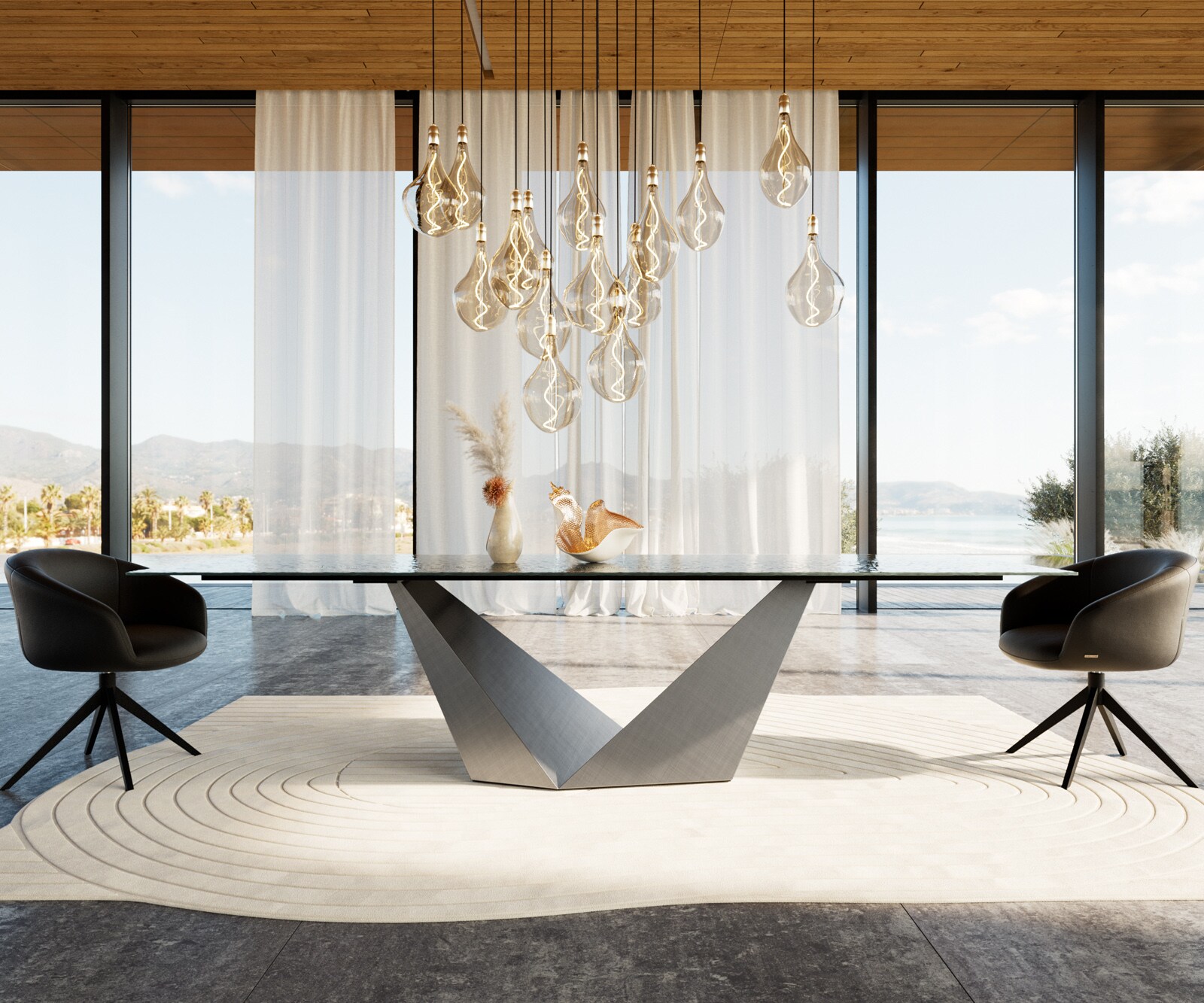 Eettafel Edge 300x100 Reliefglas zwart 3D-Design Prisma metaal zilver 1