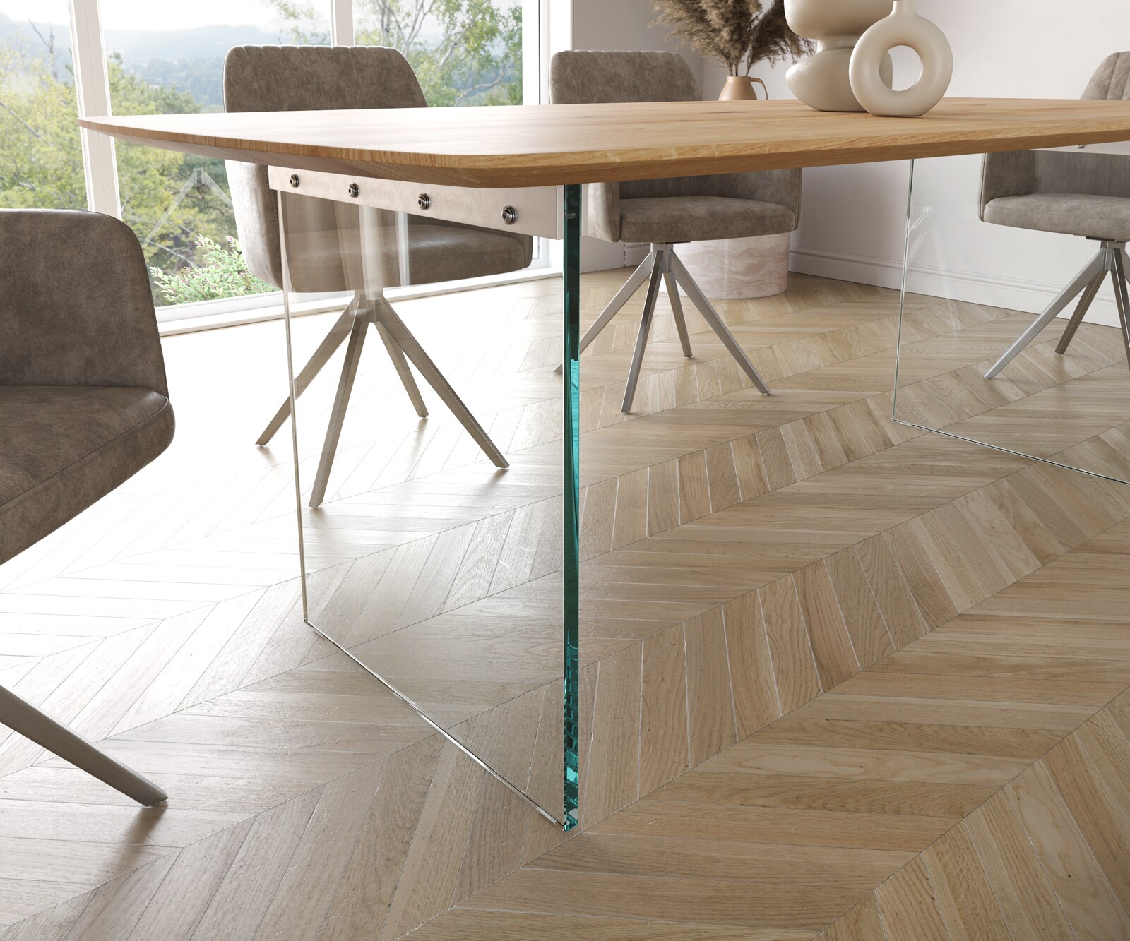 Eettafel Edge Boot 200x100x2,5-3 eiken natuur glas Schweizer Kante 6