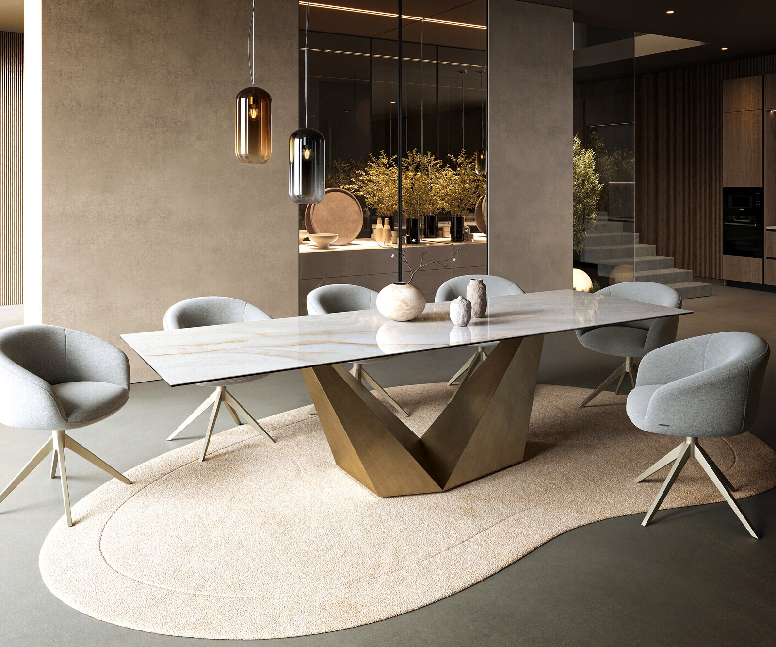 Eettafel Edge 300x100 cm keramiek Onyx Pearl Prisma metallic goud 7