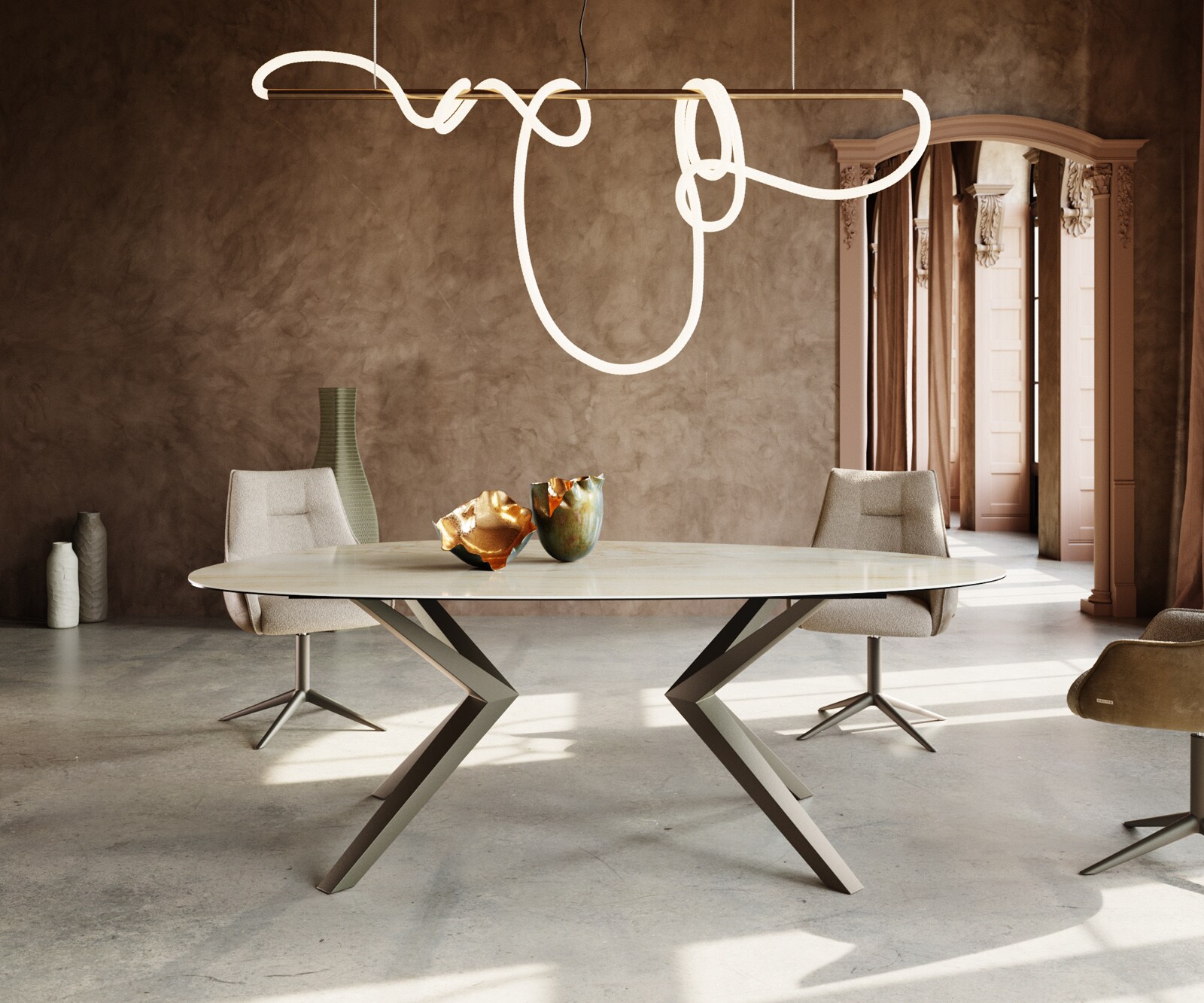 Eetkamertafel Edge ovaal 220x120 keramiek Iris FMG Onice Oro Zenthara hoekig metaal effectafwerking titaan 1