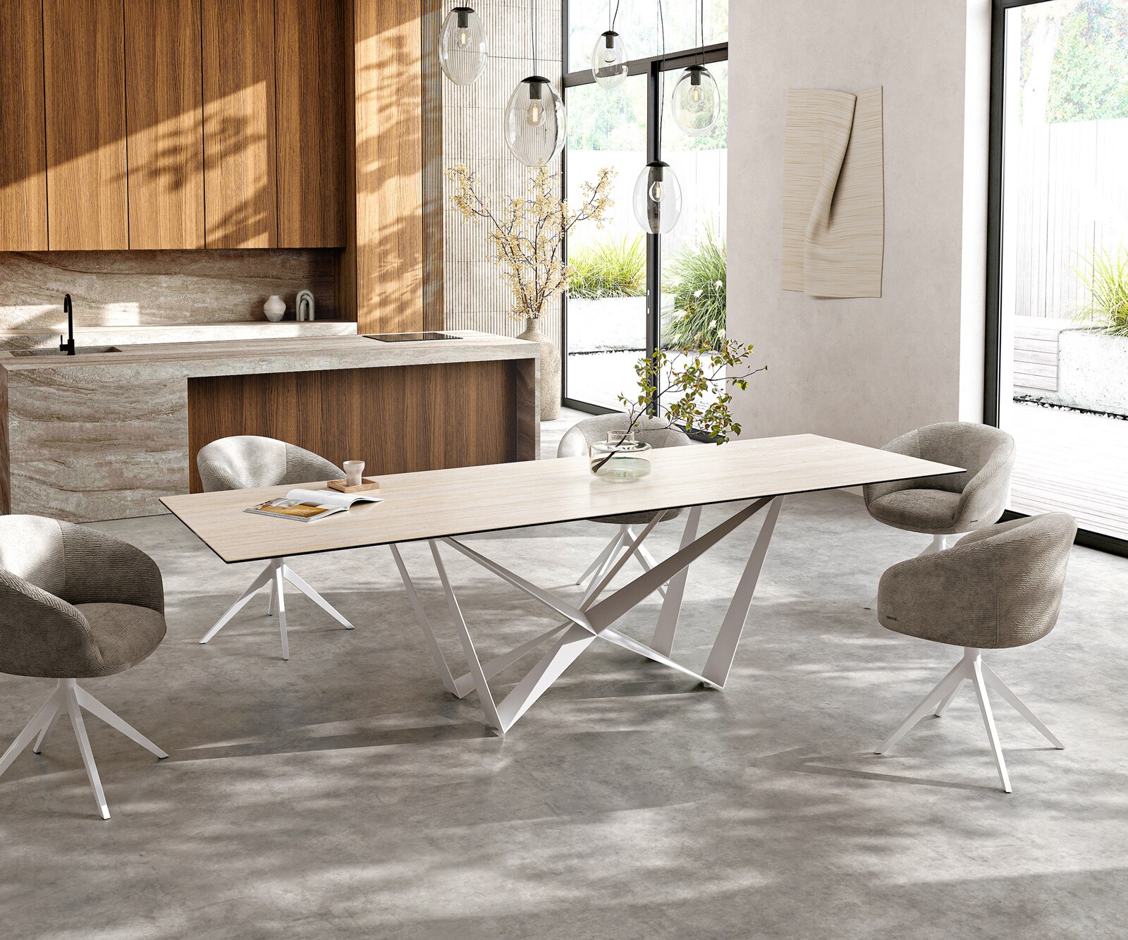 Eettafel Edge 300x100 keramiek  Laminam® Travertino Bianco Creme-wit Spider metaal wit