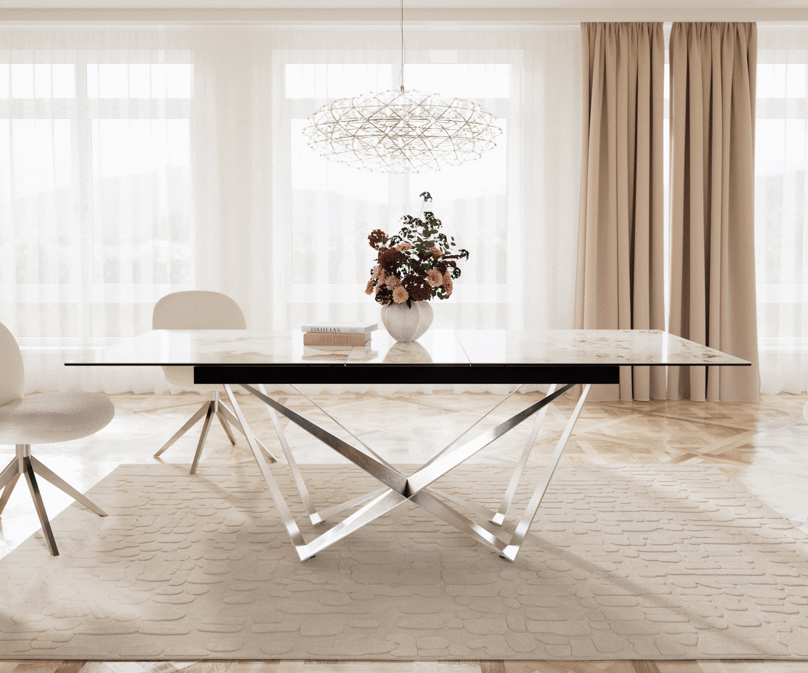 Eetkamertafel Edge 180-220x100 keramiek Minas Melange wit-beige spider vlak staal RVS uitschuifbaar 1 Eetkamertafel Edge 180-220x100 keramiek Minas Melange wit-beige spider vlak staal RVS uitschuifbaar 1