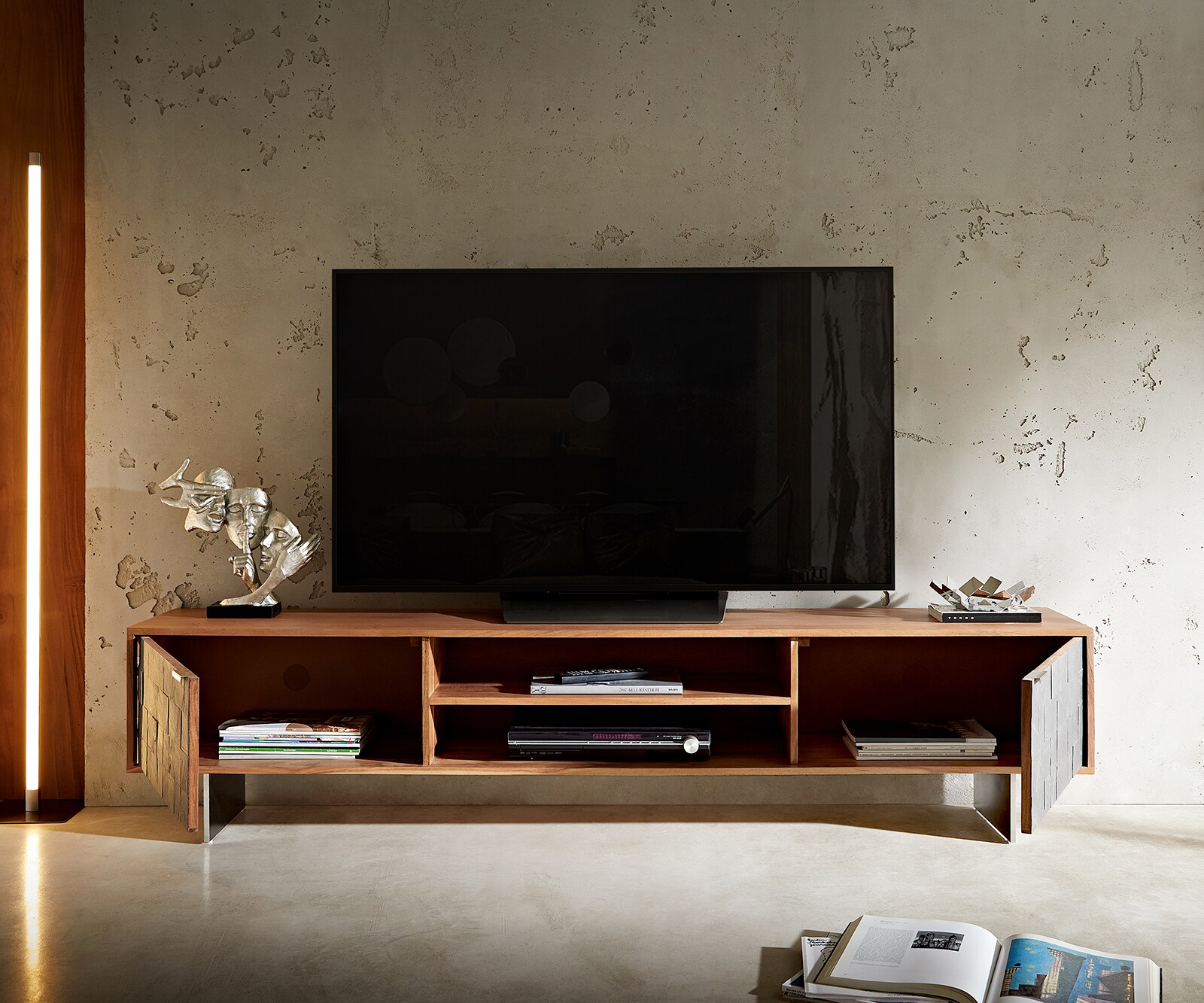 Tv-meubel Teele 200 cm acacia natuurleisteen 2 deuren poot zwevend roestvrij staal 5