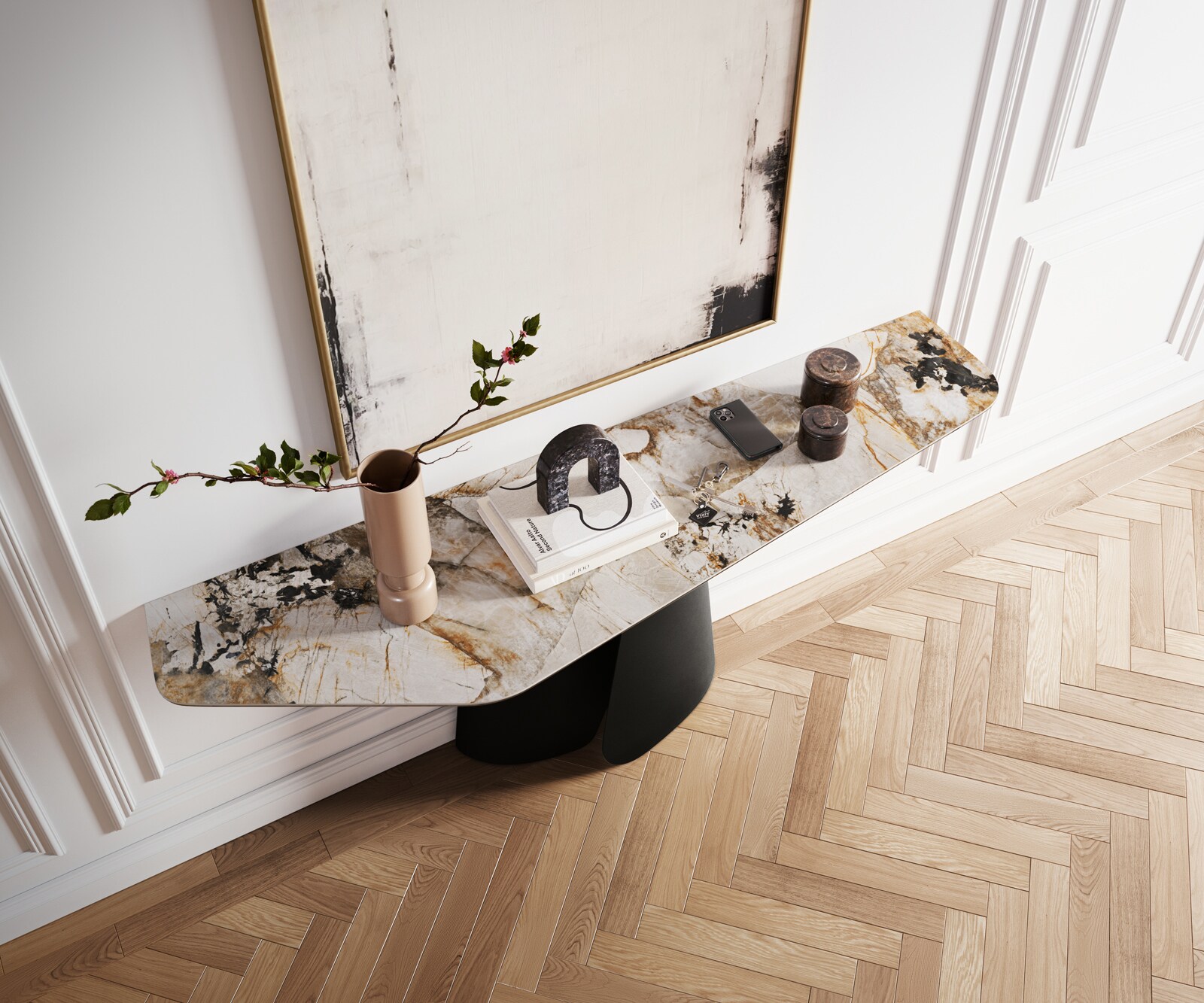 Consoletafel Edge Polygonaal 180x50 cm Keramiek Patagonia Poliert Livos Metaal Zwart 1