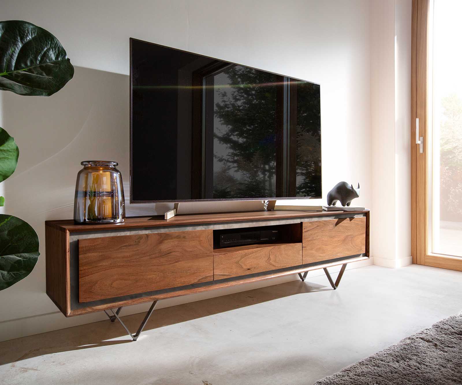 Tv-meubel Stonegrace 175 cm acacia bruin steenfineer 2 deuren 1 lade 1 legplank V-poot zwart
