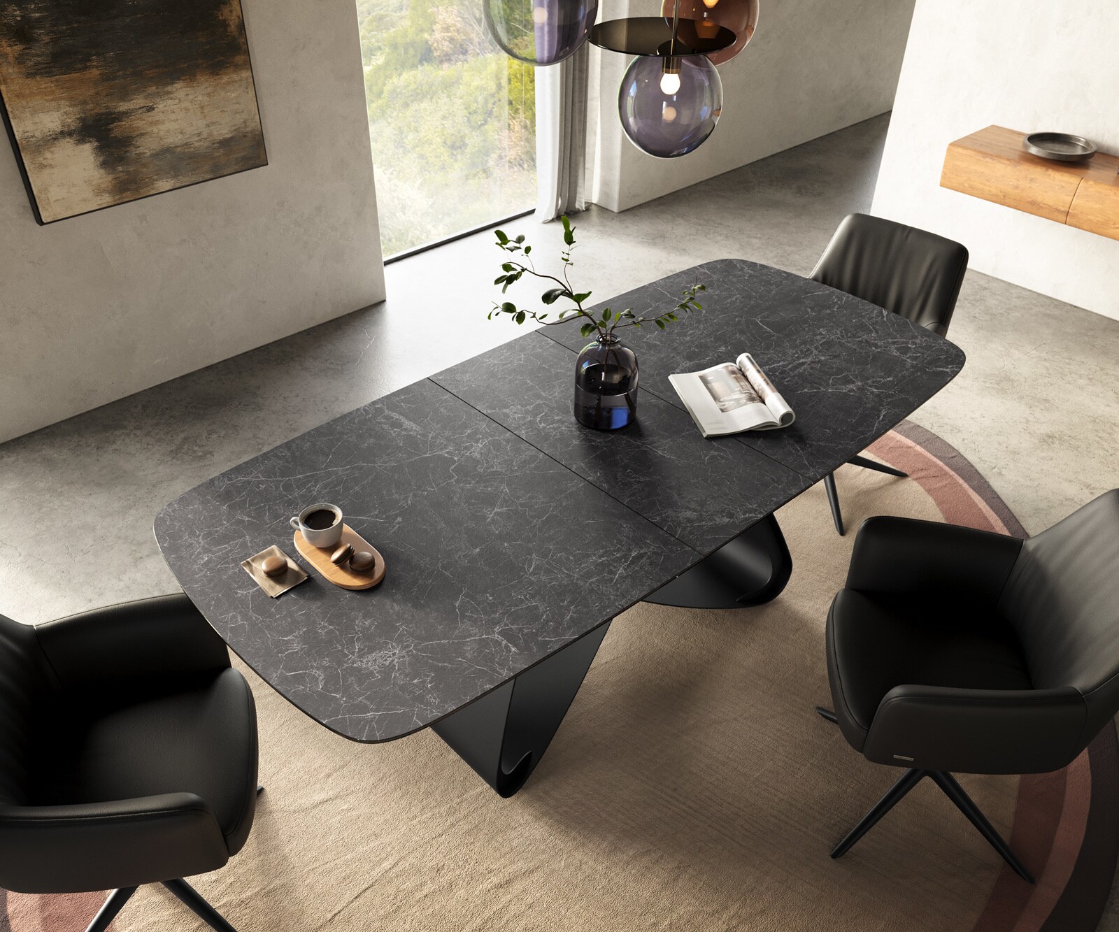 Eettafel Edge Boot 180-220x100 cm Keramiek Laminam® Nero Greco Anthrazit W-onderstel Zwart uitschuifbaar 4
