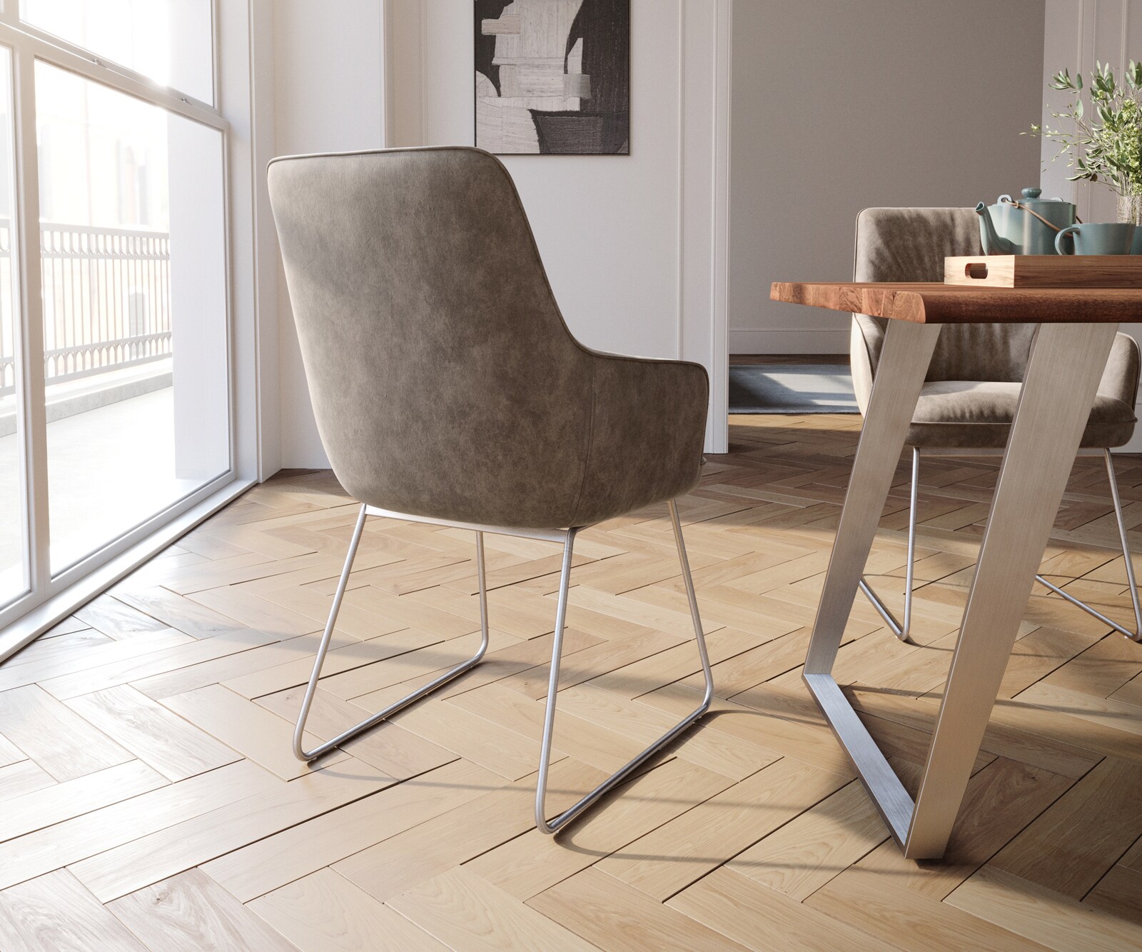 Eetkamerstoel Zelia-Flex met armleuning microvelours taupe vintage slipframe roestvrij staal pocketveer kern 4