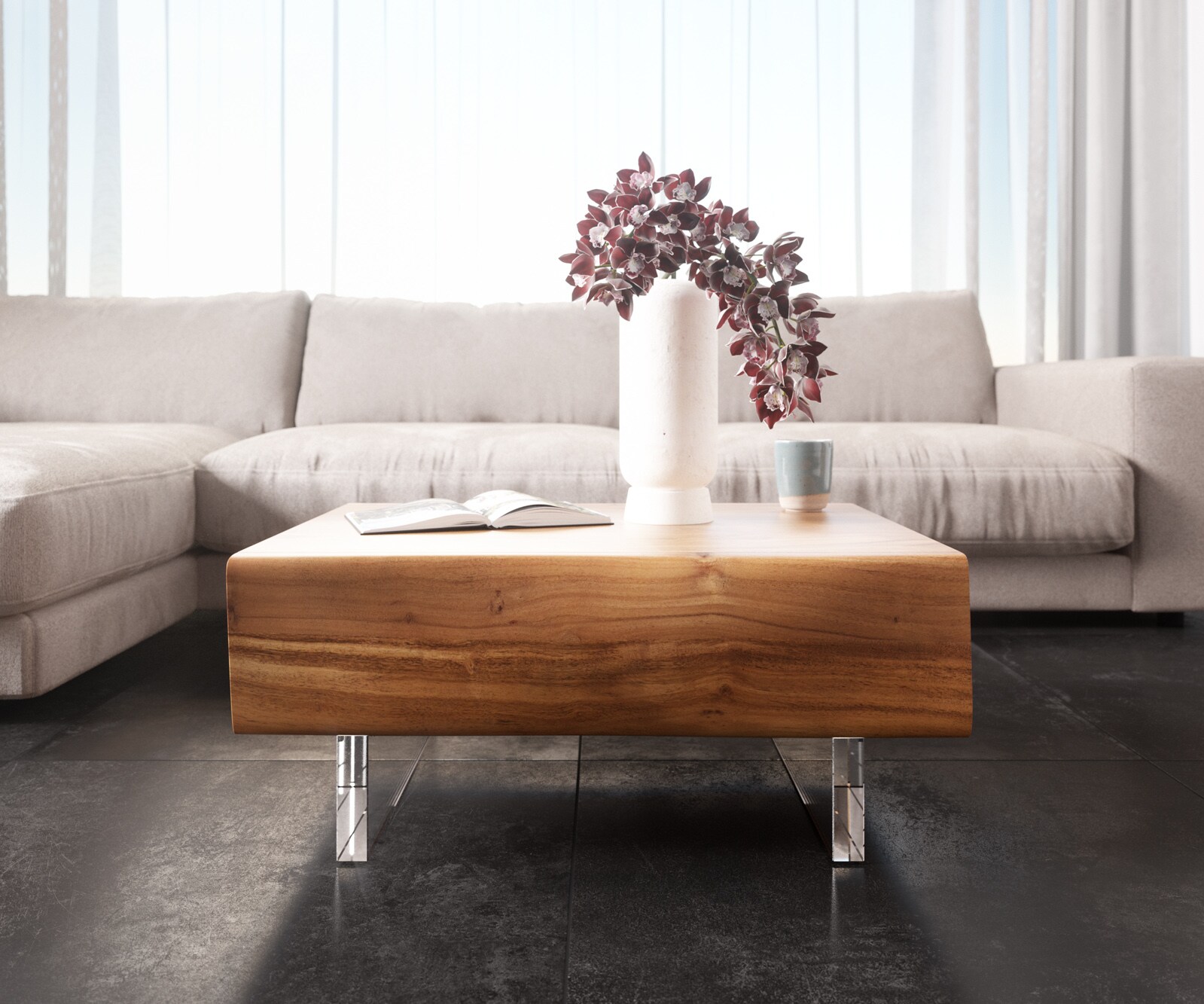 Salontafel New Live-Edge 80x60 cm acacia natuur 2 schuilfladen acrylpootjes  1
