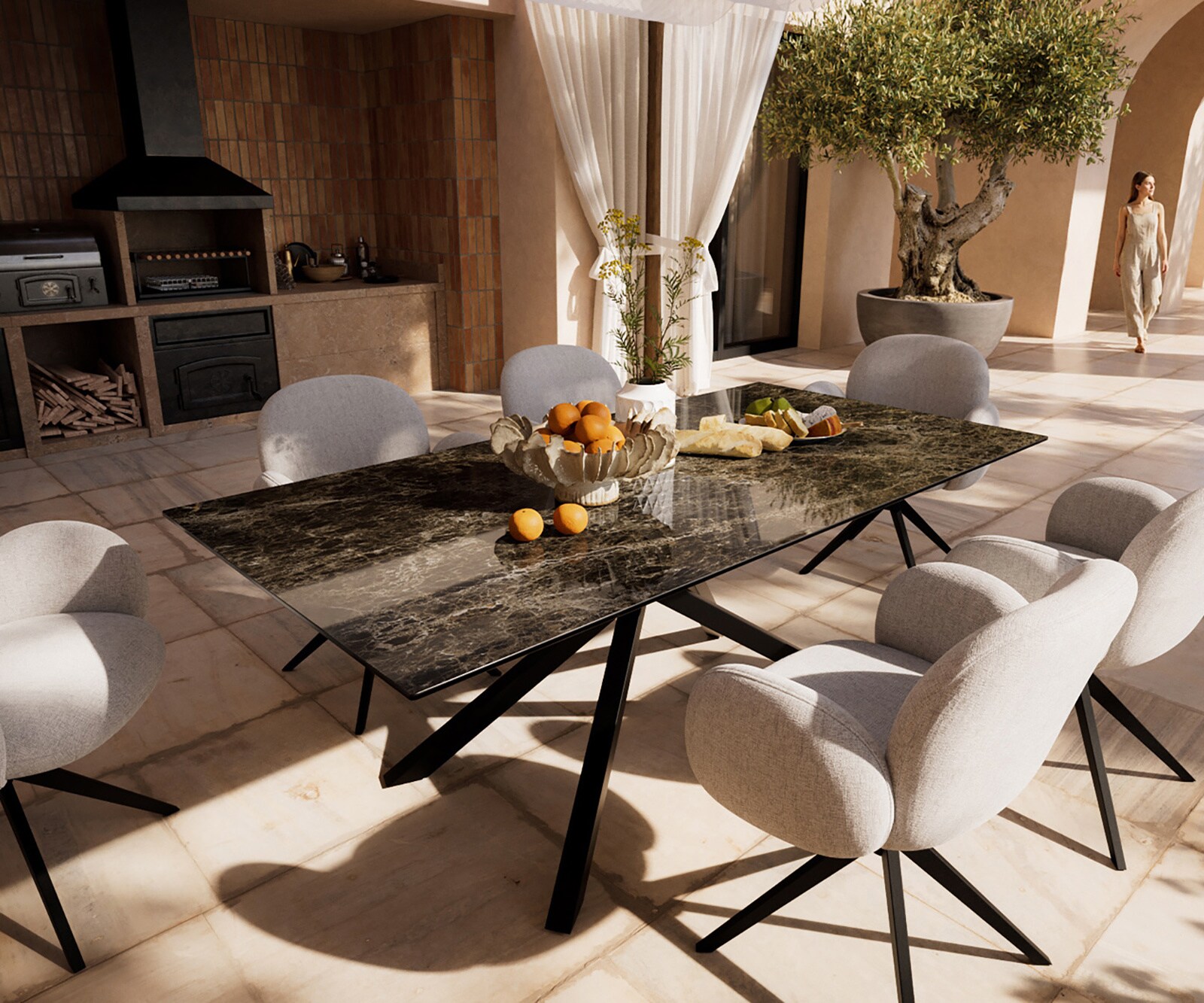 Outdoortafel Edge 200x100 cm Keramiek Emperador Extra Lucidato Donkerbruin Kruisonderstel rechthoekig Zwart