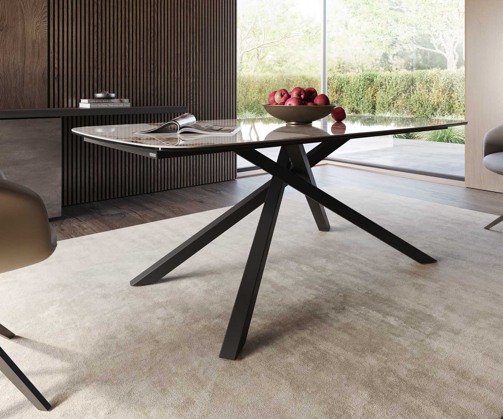 Eetkamertafel Edge Boot 200x100 keramiek Minas Melange wit-beige kruisframe rechthoek zwart 5