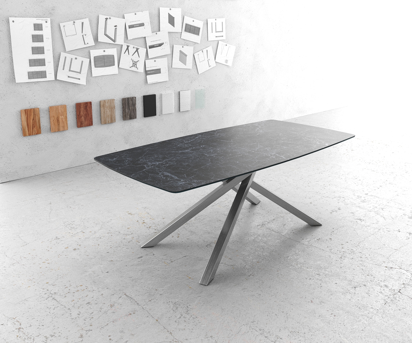 Eettafel Edge Bootsform 200x100cm Laminam® keramiek grijs middenpoot kruis zilver Eettafel Edge Bootsform 200x100cm Laminam® keramiek grijs middenpoot kruis zilver