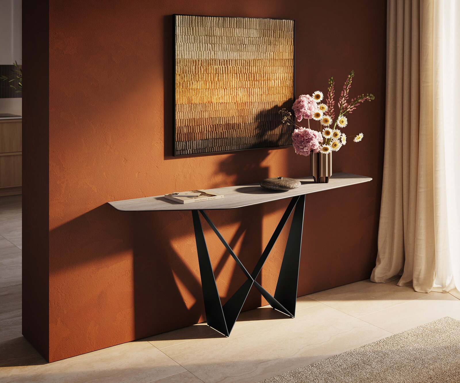 Consoletafel Edge Polygonaal 180x50 cm Keramiek Laminam® Travertino Bianco Creme-Weiß Spios Metaal Zwart 4