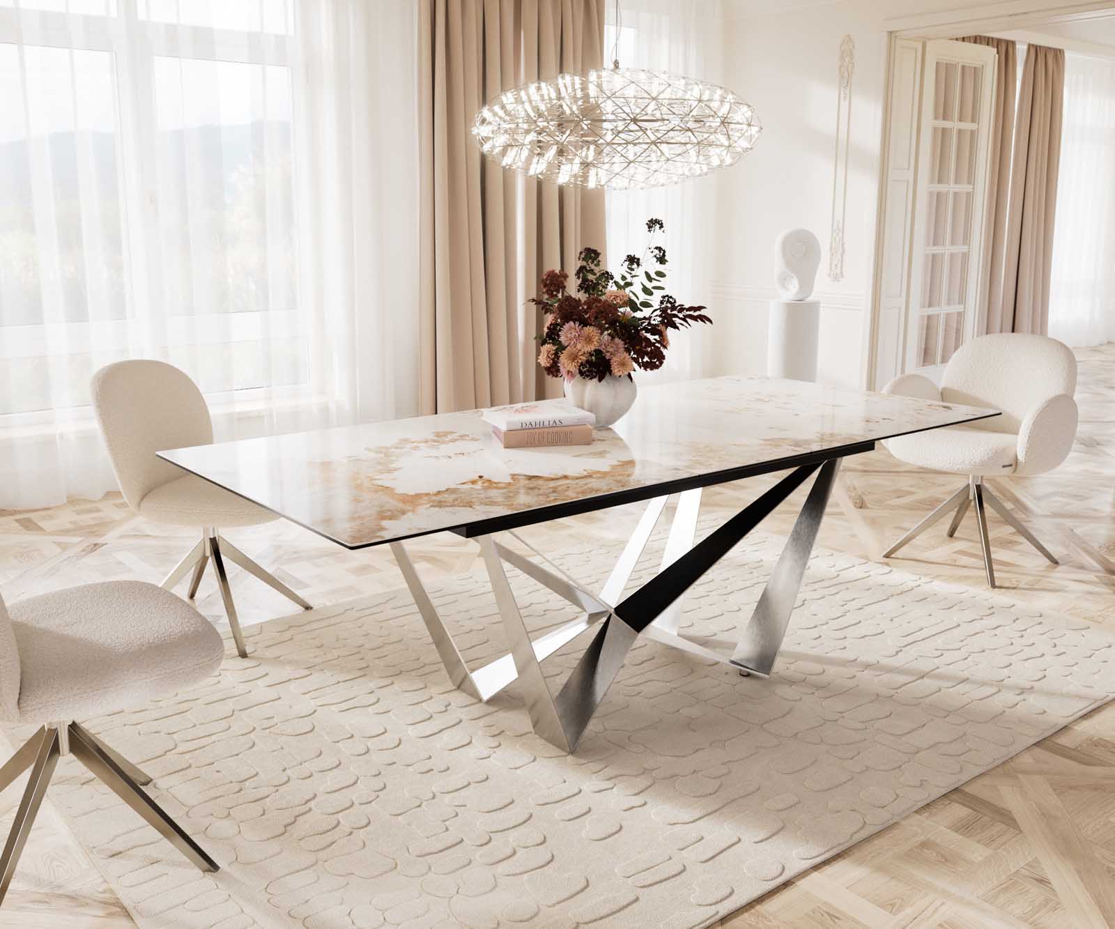 Eetkamertafel Edge 180-220x100 keramiek Minas Melange wit-beige spider vlak staal RVS uitschuifbaar