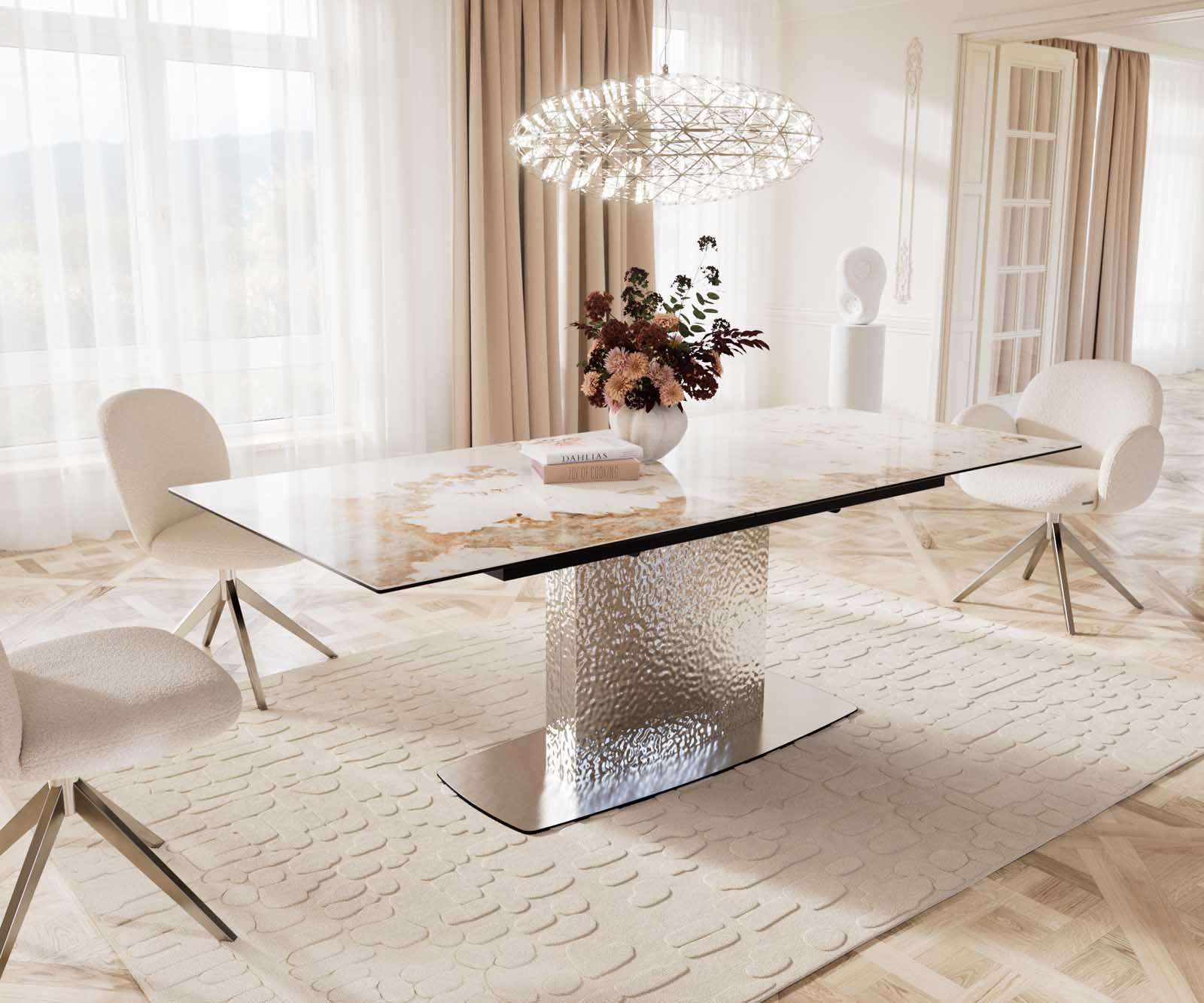 Eetkamertafel Edge 180-220x100 keramiek Minas Melange wit-beige Wave RVS uitschuifbaar 8 Eetkamertafel Edge 180-220x100 keramiek Minas Melange wit-beige Wave RVS uitschuifbaar 8