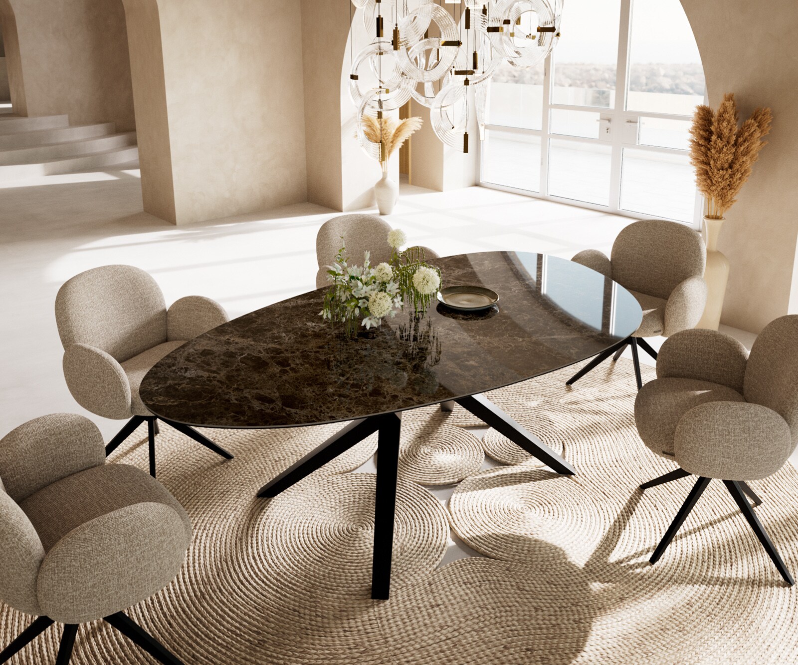 Eetkamertafel Edge ovaal 220x120 keramiek Laminam®Emperador Extra Lucidato donkerbruin Zenthara hoekig metaal zwart 1