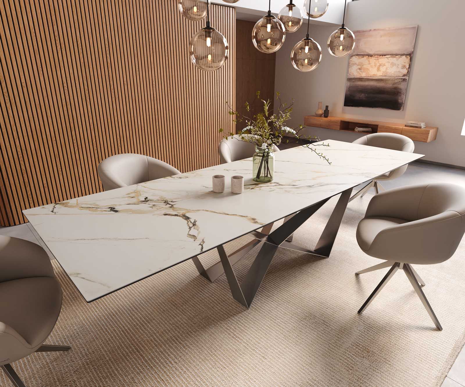 Eetkamertafel Edge 300x100 keramiek Calacatta Luxe wit-goud-grijs spider vlak staal RVS 1