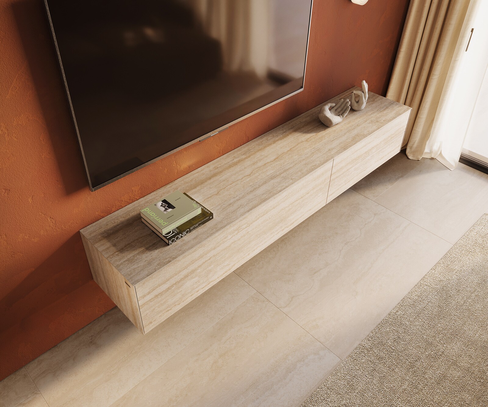 Tv-meubel Cuor 220 cm Keramiek Laminam® Travertino Bianco Crème-wit 1 Flap 2 Laden Zwevend 4