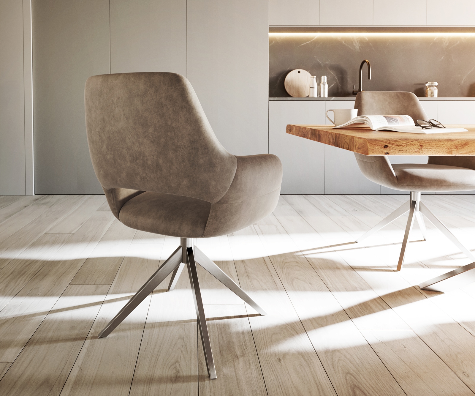 Eetkamerstoel Yago-Flex met armleuning microvelours taupe vintage kruisframe breed roestvrij staal pocketveer kern 4 Eetkamerstoel Yago-Flex met armleuning microvelours taupe vintage kruisframe breed roestvrij staal pocketveer kern 4