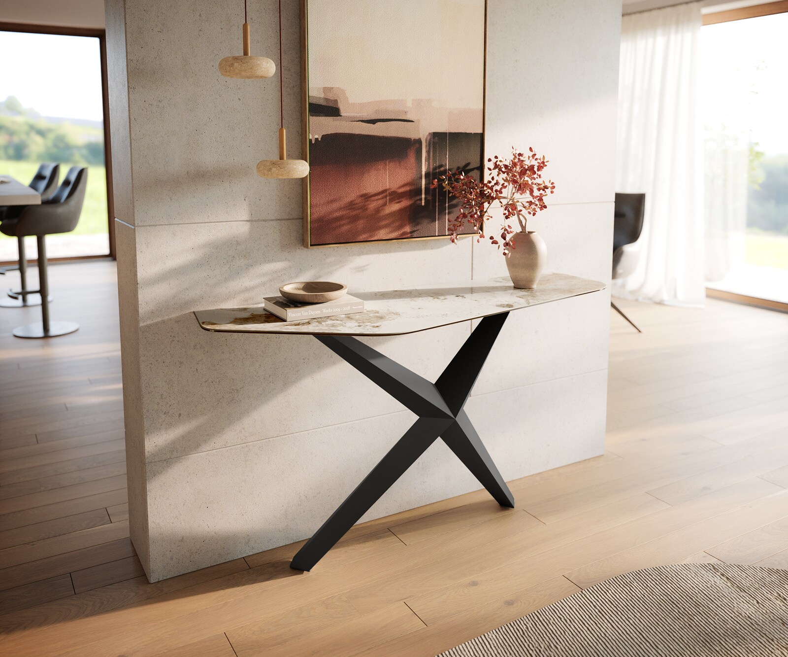Consoletafel Edge Polygonaal 140x50 cm Keramiek Minas Melange Weiß-Beige Zentharo Metaal Zwart 1