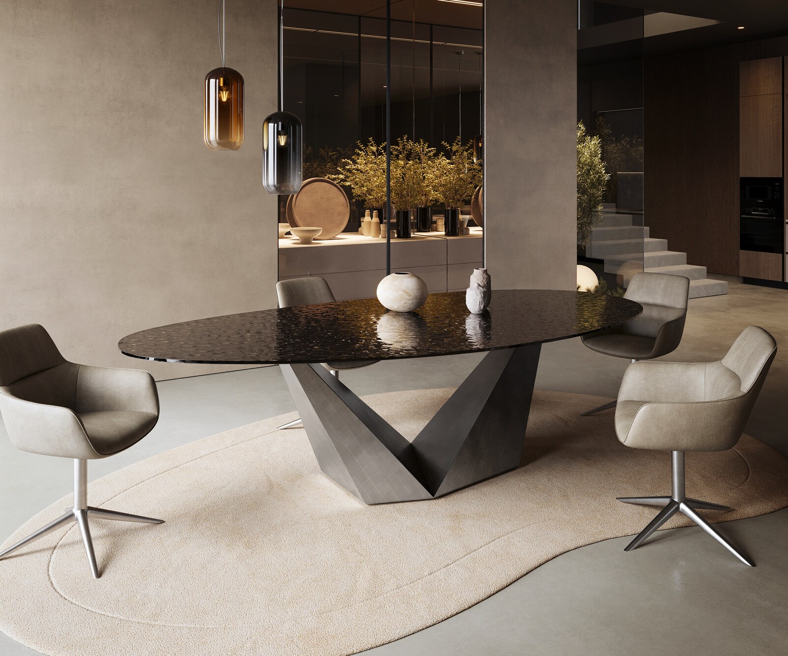 Eettafel Edge Oval 280x130 Reliefglas rookzwart 3D-Design Prisma metaal zilver 5