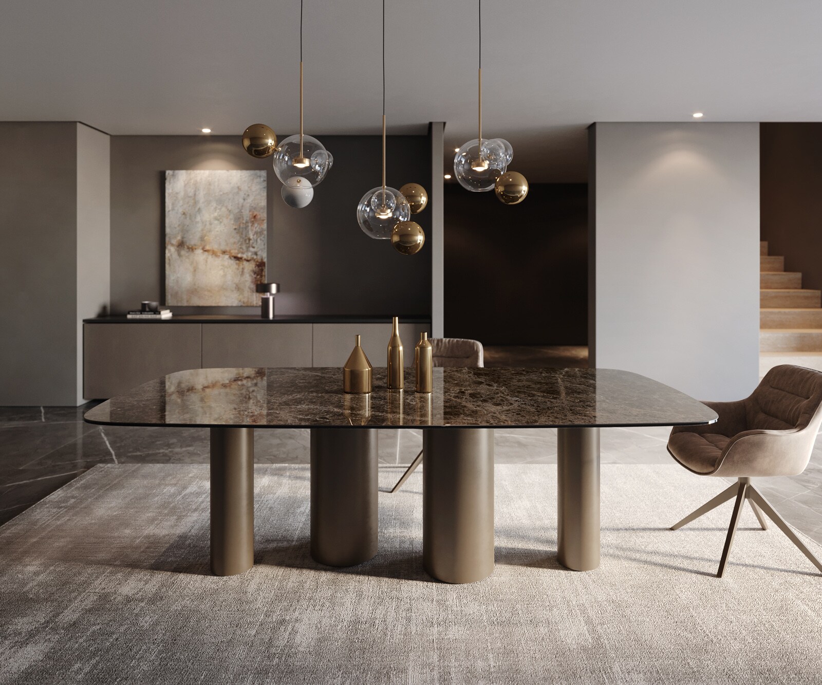 Eettafel Edge Boot Keramiek Emperador Extra Lucidato Donkerbruin 240x120 Pilier Metaal effectafwerking Titanium 1
