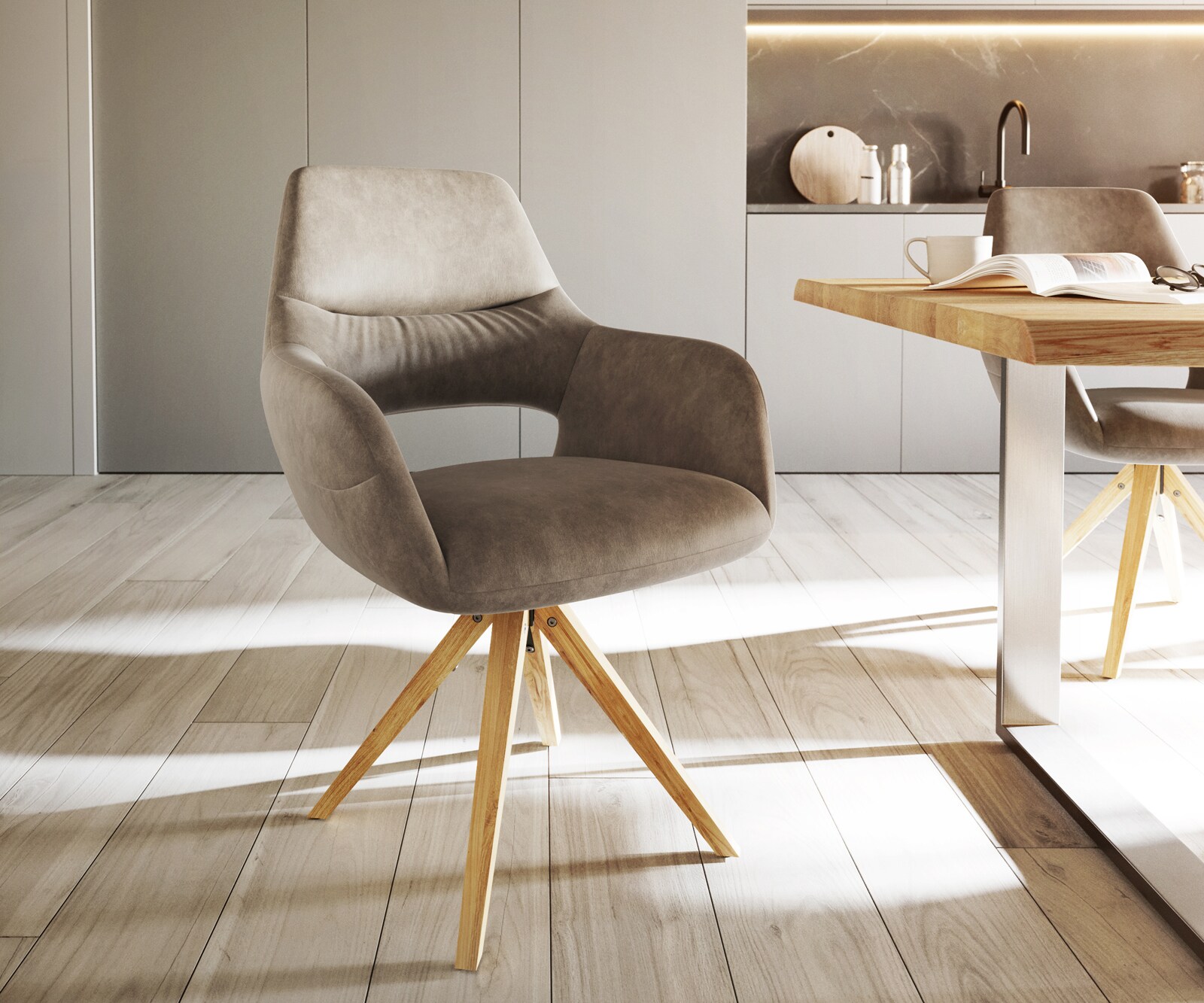 Eetkamerstoel Yago-Flex met armleuning microvelours taupe vintage houten frame hoekig natuur pocketveer kern
