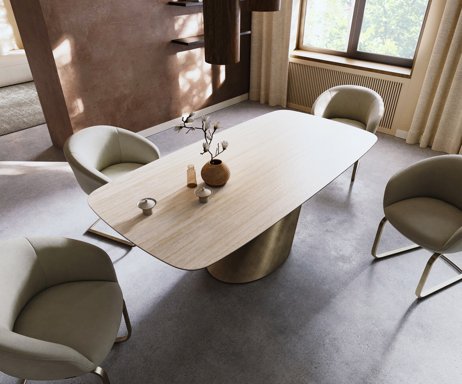 Eettafel Edge Boot 200x100 keramiek  Laminam® Travertino Bianco Creme-wit Cono metaal goud 3