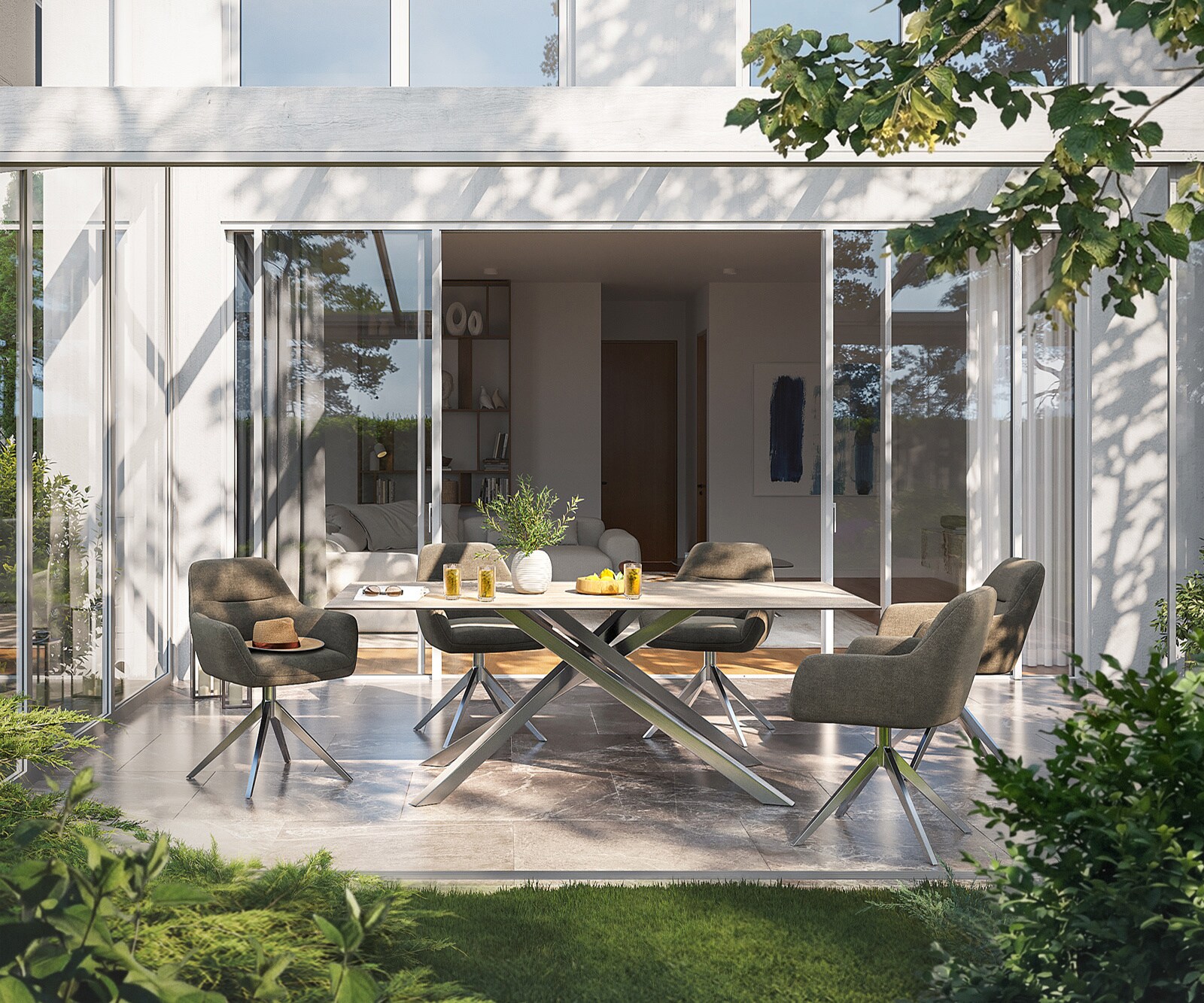 Outdoortafel Edge 200x100 cm keramiek Laminam® Travertino Bianco crème-wit kruispoot rechthoekig roestvrij staal 1