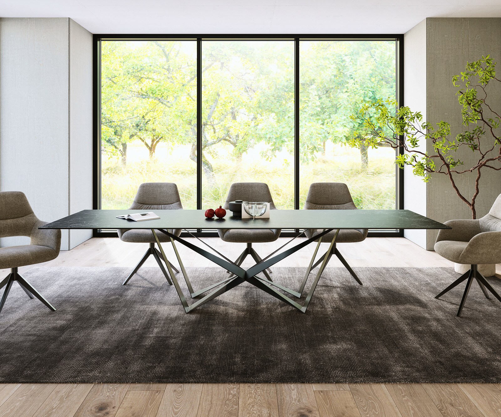 Eettafel Edge 300x100cm Laminam® keramiek grijs middenpoot vlak staal zwart 1