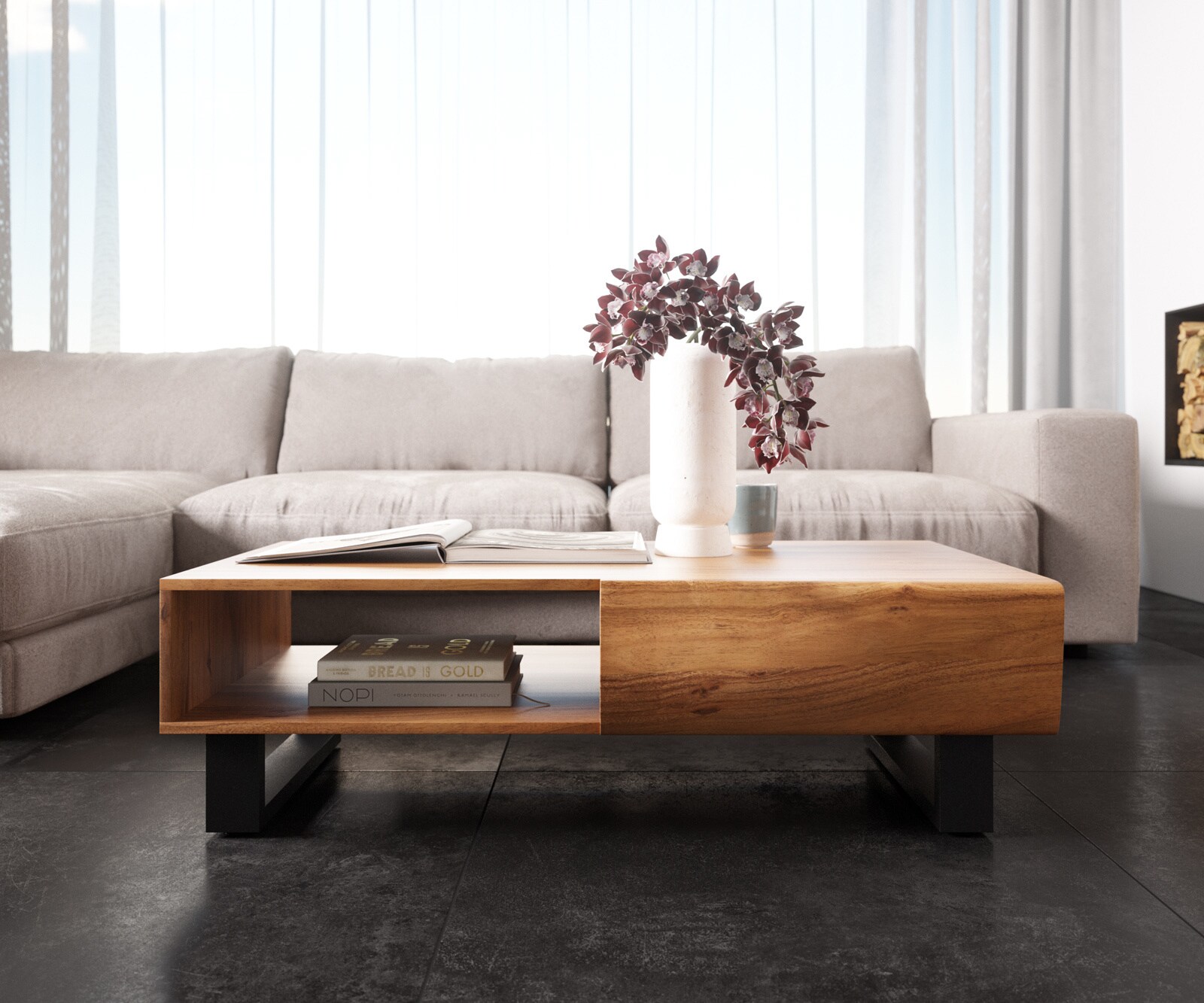 Salontafel New Live-Edge 115x60 cm acacia natuur 2 lades 1 vak metalen sledepoten zwart 1