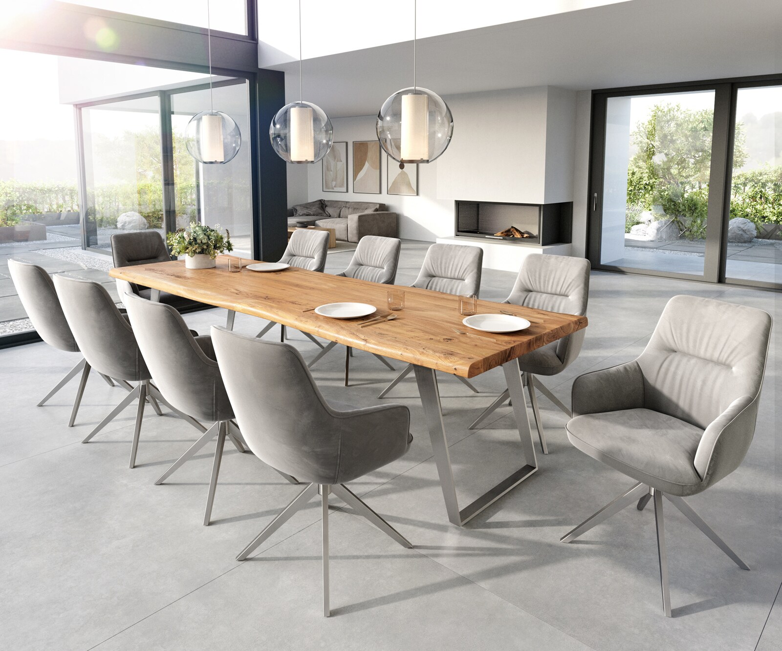 Eetkamerstoel Zelia-Flex met armleuning fluweel grijs kruisframe breed roestvrij staal pocketveer kern 3 Eetkamerstoel Zelia-Flex met armleuning fluweel grijs kruisframe breed roestvrij staal pocketveer kern 3