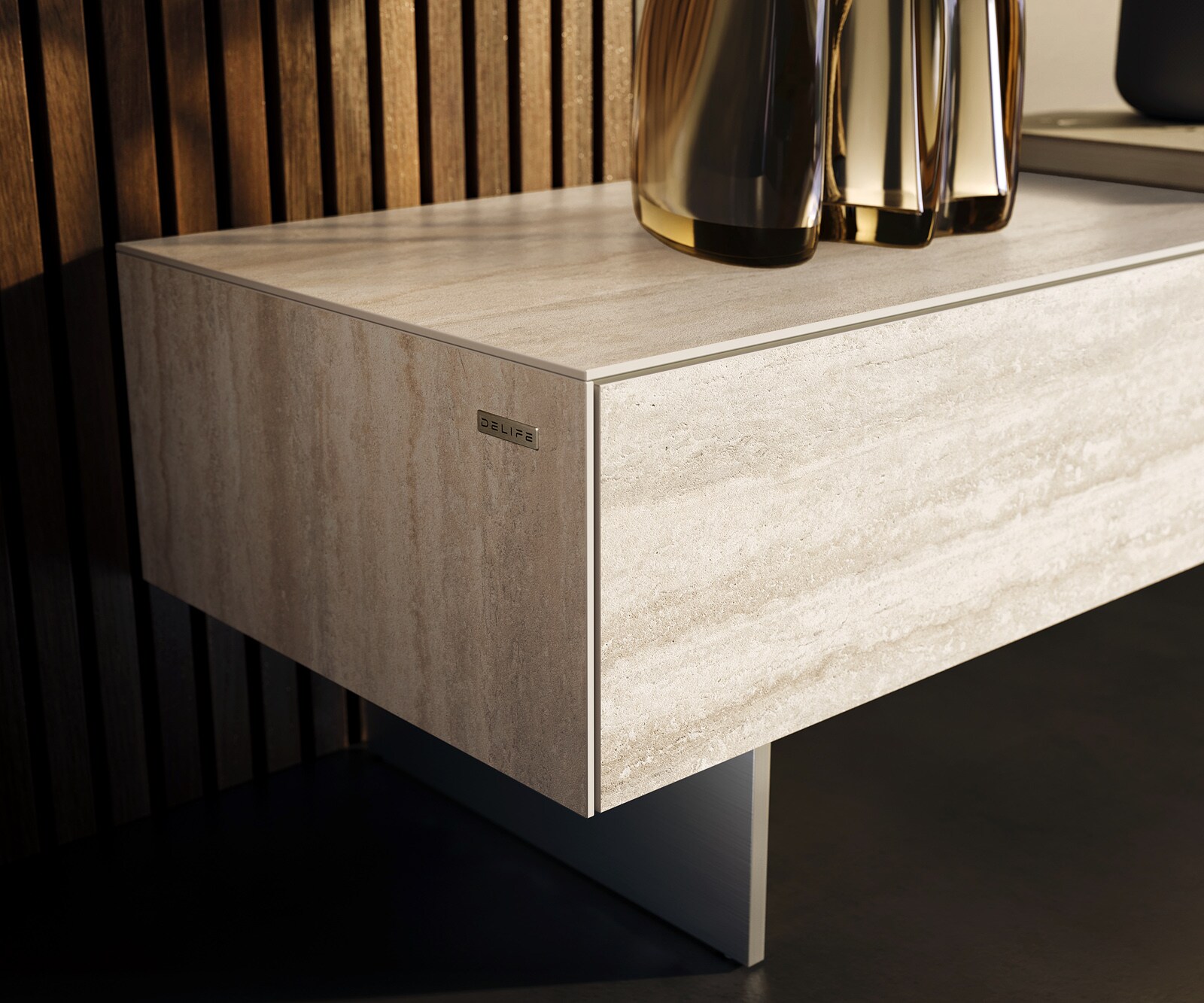 Tv-meubel Cuor 200 cm Keramiek Laminam® Travertino Bianco Crème-wit 1 Flap 1 Lade Zwevende voet look Roestvrij staal 6