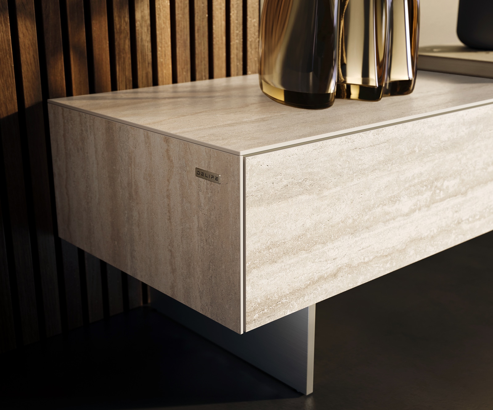 Tv-meubel Cuor 200 cm Keramiek Laminam® Travertino Bianco Crème-wit 1 Flap 1 Lade Zwevende voet look Roestvrij staal 6 Tv-meubel Cuor 200 cm Keramiek Laminam® Travertino Bianco Crème-wit 1 Flap 1 Lade Zwevende voet look Roestvrij staal 6