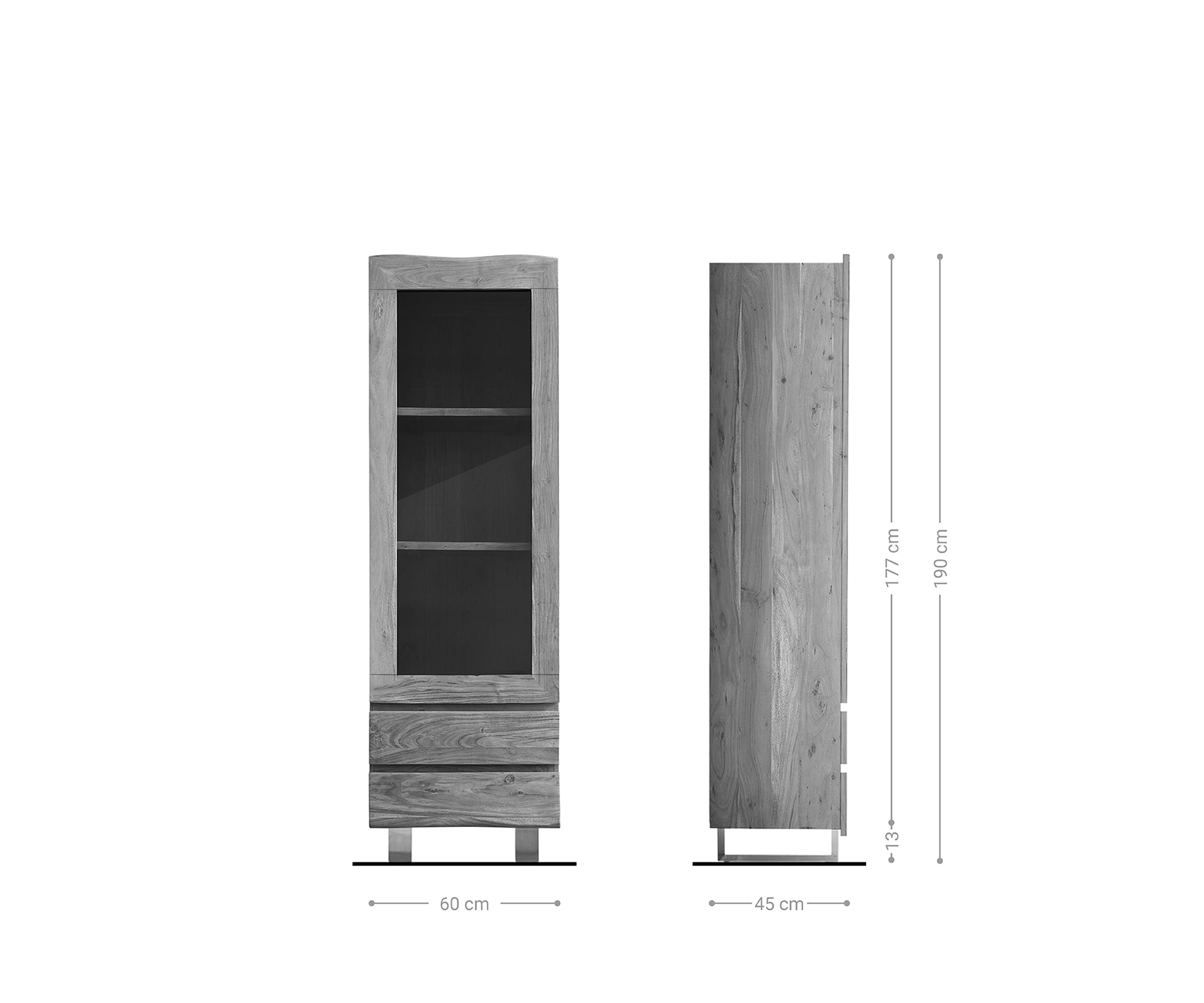Vitrinekast Live-Edge 60x190 cm acacia natuur boomrand 1 deur 2 laden massief 9