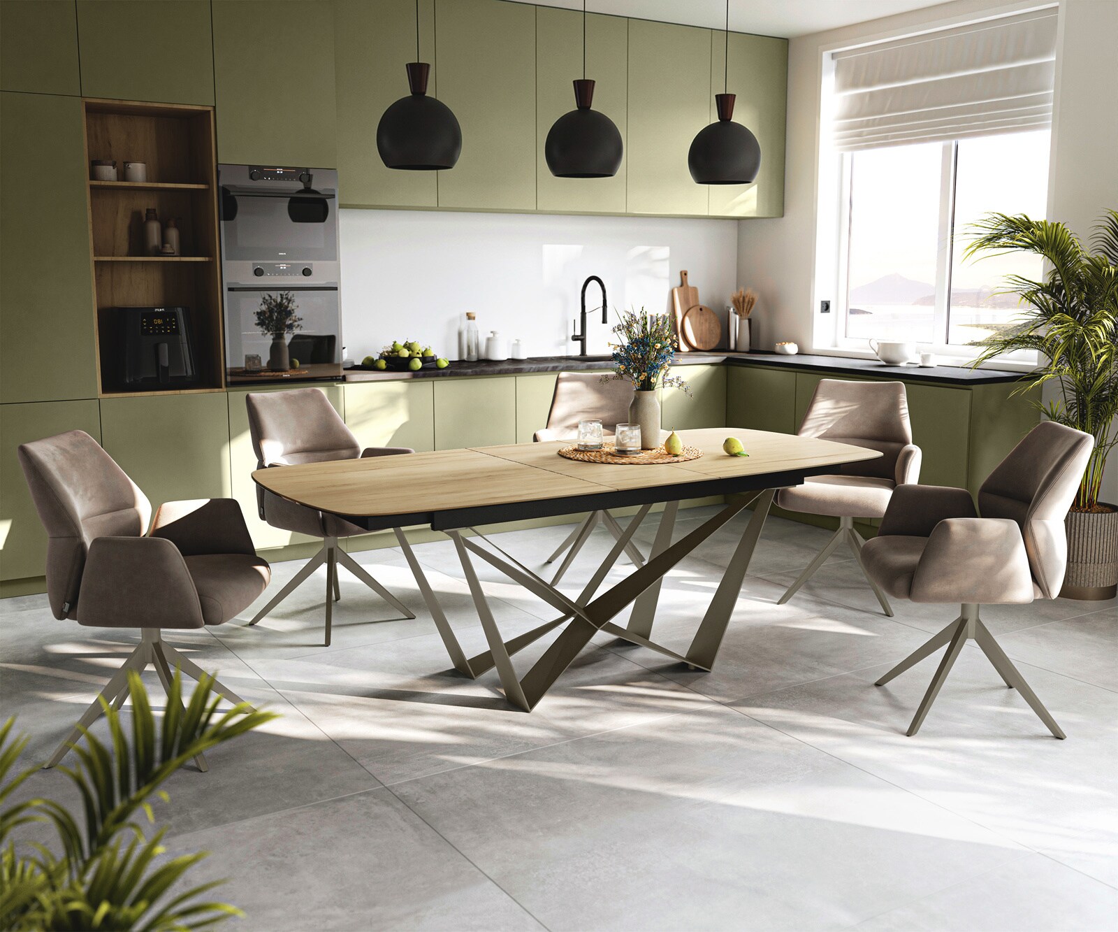 Eettafel Edge Boot 180-220x100 cm Keramiek Laminam® Sabbia Eichefarbig Spider Metaal Effectafwerking Titan uitschuifbaar 6