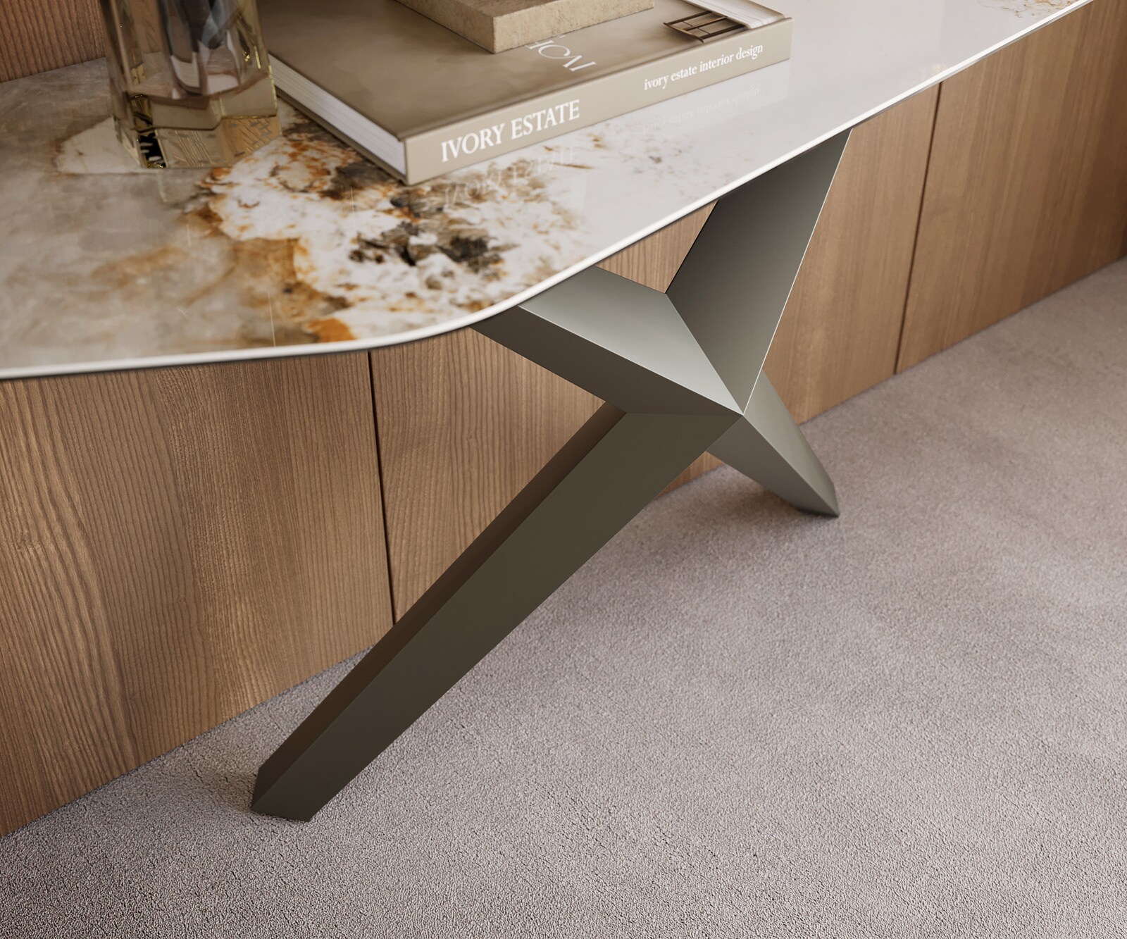 Consoletafel Edge Polygonaal 180x50 cm Keramiek Minas Melange Weiß-Beige Zentharo Metaal Effektfinish Titan 6