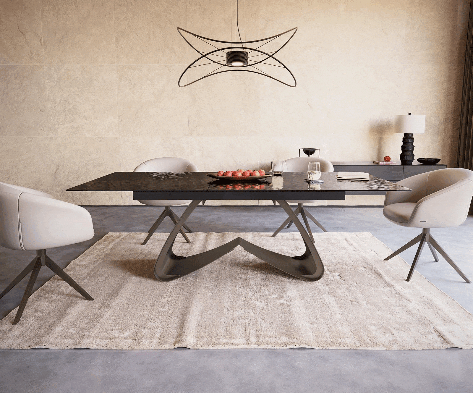 Eetkamertafel Edge 180-220x100 Glas smelten rokerig zwart 3D-Relief W-frame effectafwerking Titaan uitschuifbaar 1 Eetkamertafel Edge 180-220x100 Glas smelten rokerig zwart 3D-Relief W-frame effectafwerking Titaan uitschuifbaar 1