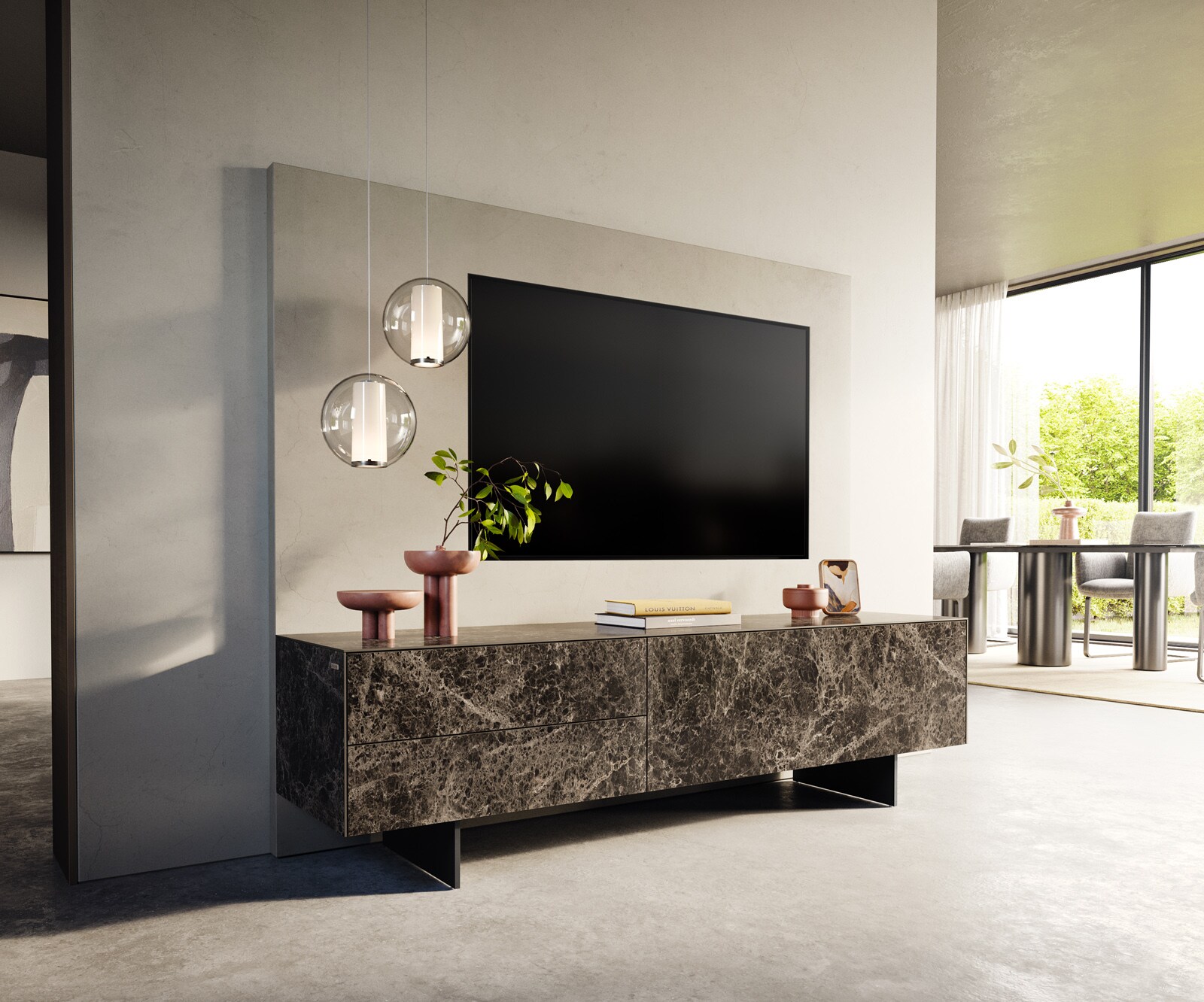 Tv-meubel Cuor 180 cm Keramiek Emperador Extra Lucidato Donkerbruin 1 Flap 2 Laden Zwevende voet look Metaal Zwart 1