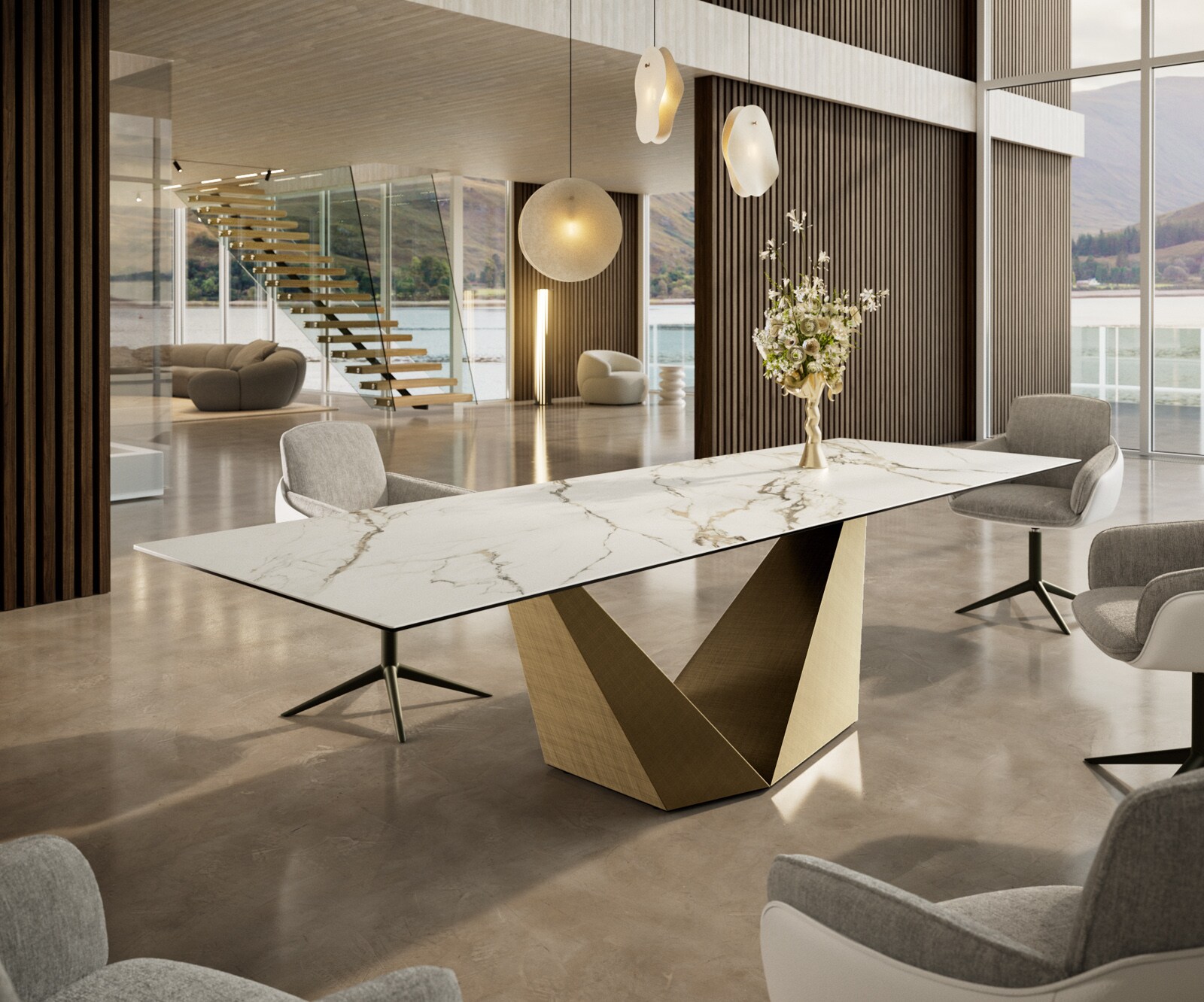 Eettafel Edge 300x100 keramiek  Calacatta Luxe wit-goud-grijs Prisma metaal goud 1
