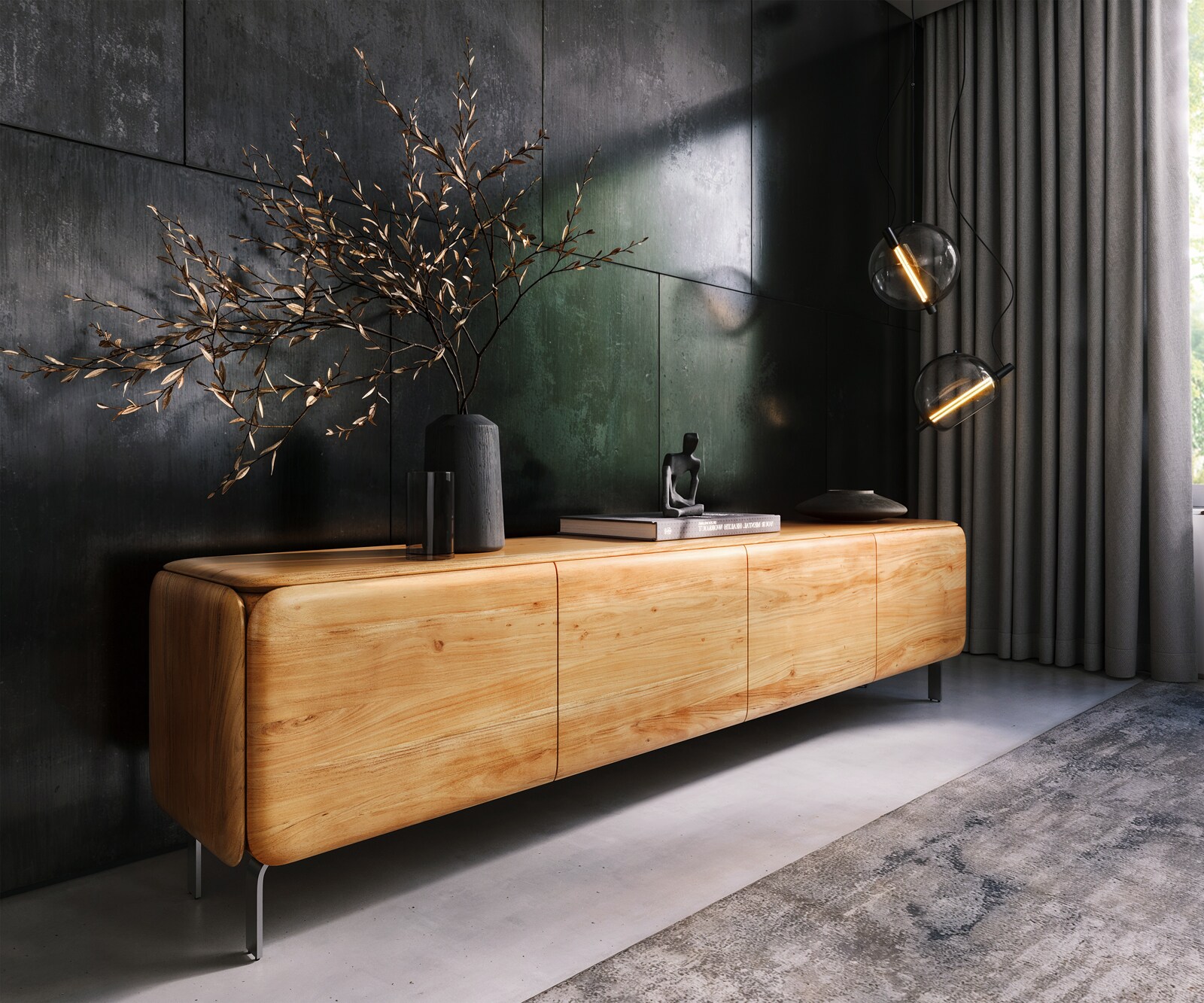 TV-meubel Shavani 220 cm acacia natuur 4 deuren L-poot RVS zilver