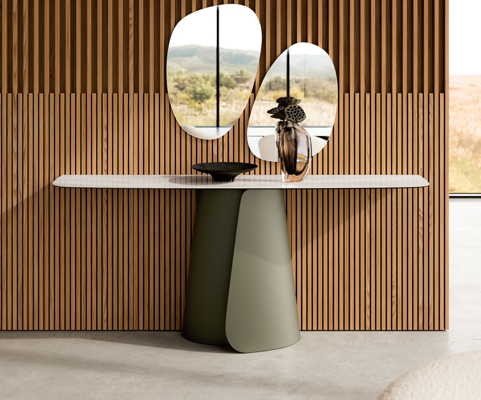 Consoletafel Edge Bootvorm 180x40 cm Keramiek Onyx Champagne Livos Metaal Effektfinish Titan 1