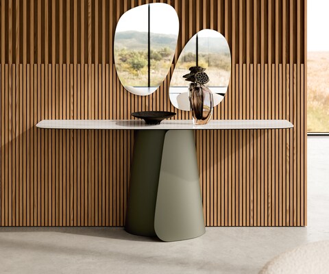 Consoletafel Edge Bootvorm 180x40 cm Keramiek Onyx Champagne Livos Metaal Effektfinish Titan