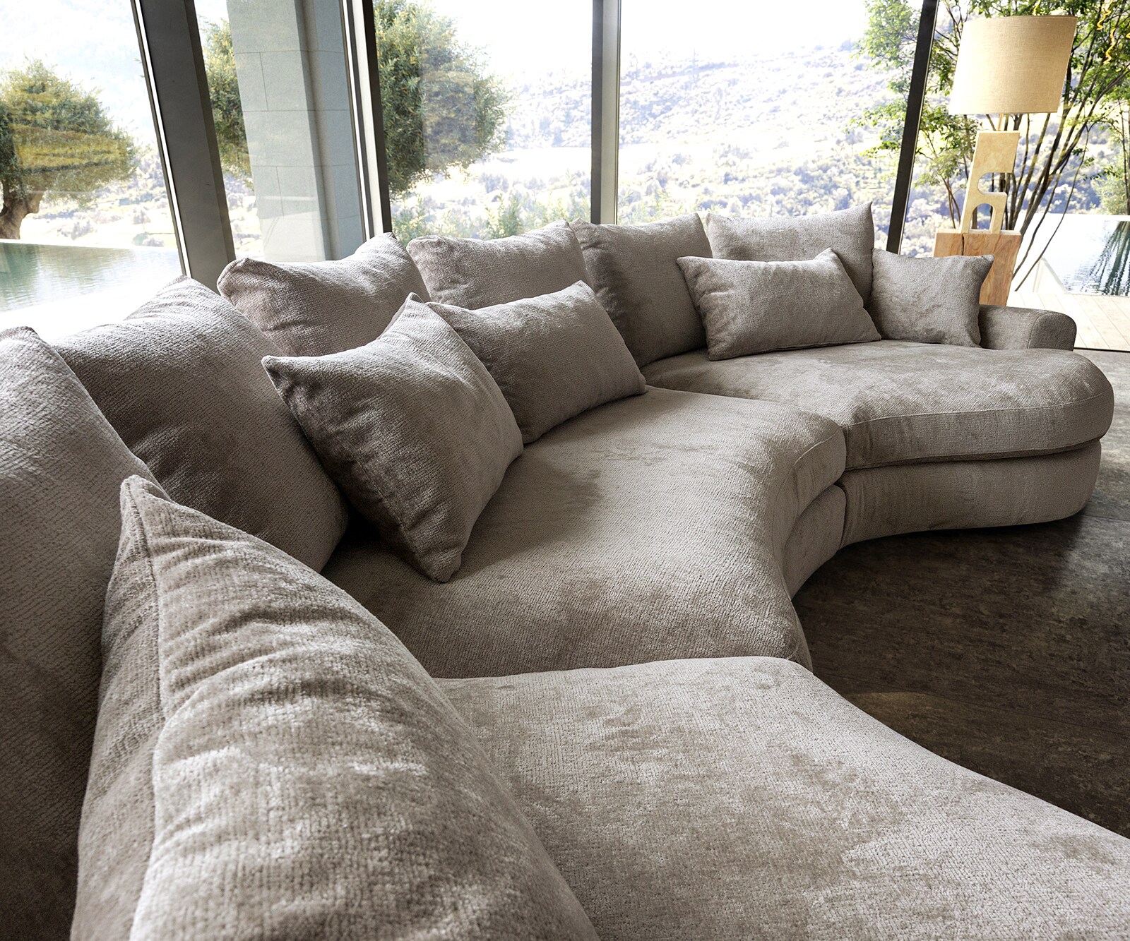Mega-sofa Estrea 410x155 cm geweven stof taupe ronde bank 3